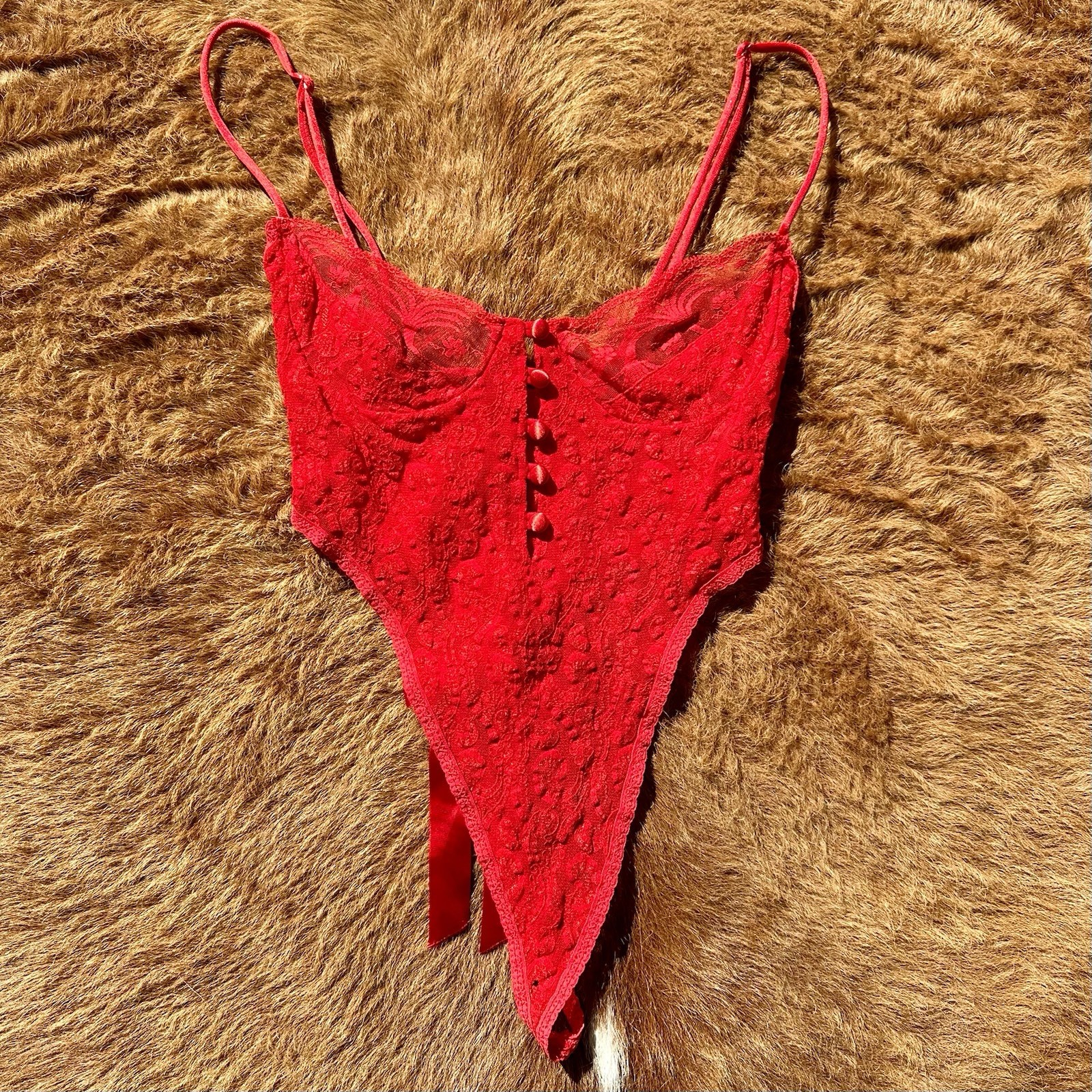 Vintage 90s Chic Red Lace Button Bow Thong Lingerie Bodysuit USA Ribbon Present
