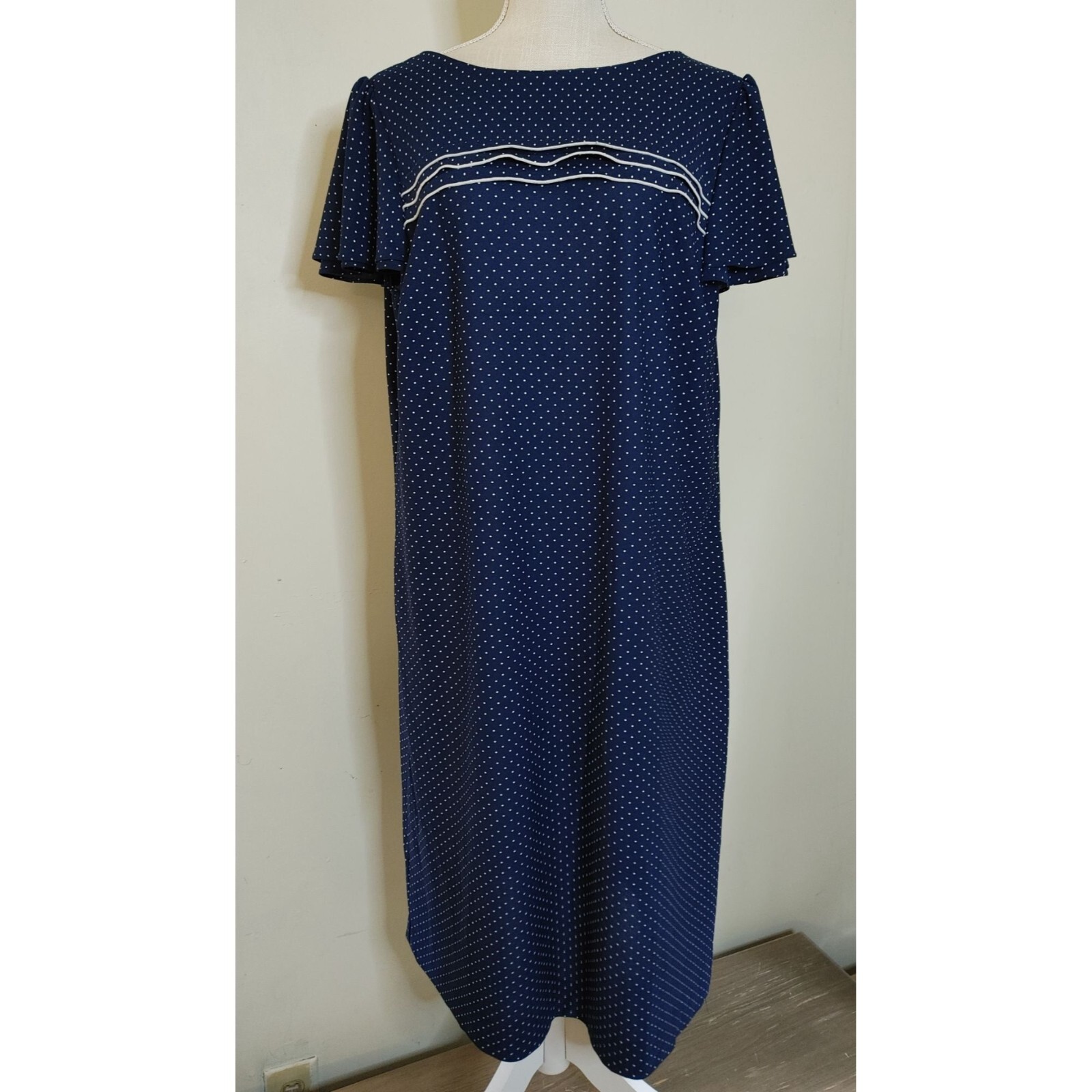 Vintage 70&rsquo;s Dress Lorac by Lady Carol Blue White Polka Dot Polyester Women sz M