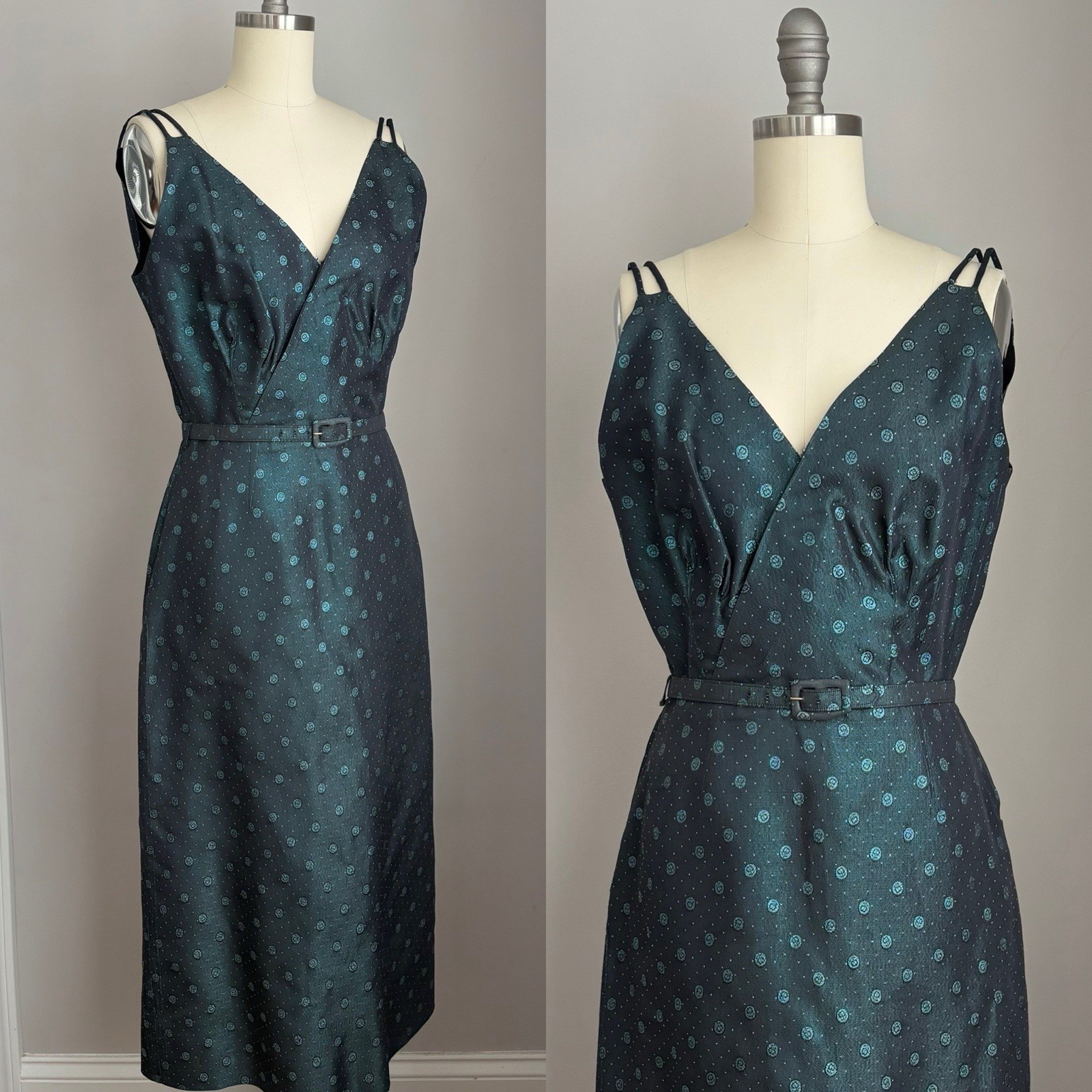 Vintage 1940’s Blue Taffeta Cherries Cherry Print Dress & Jacket Set Size XS/S