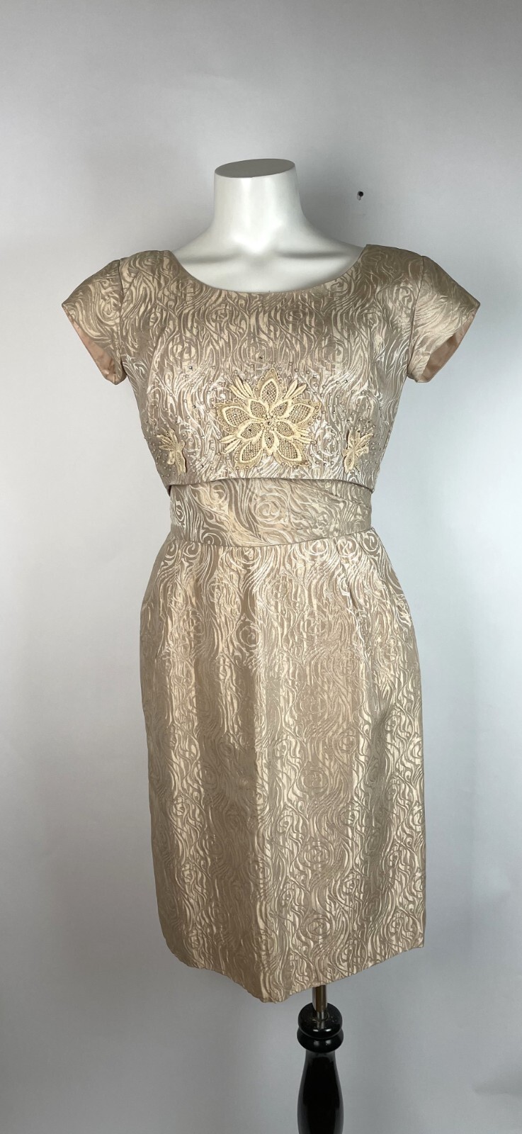 VTG 1950s Ivory Beige cocktail Dress, Cropped Jacket + Appliques 34&Prime; S/M