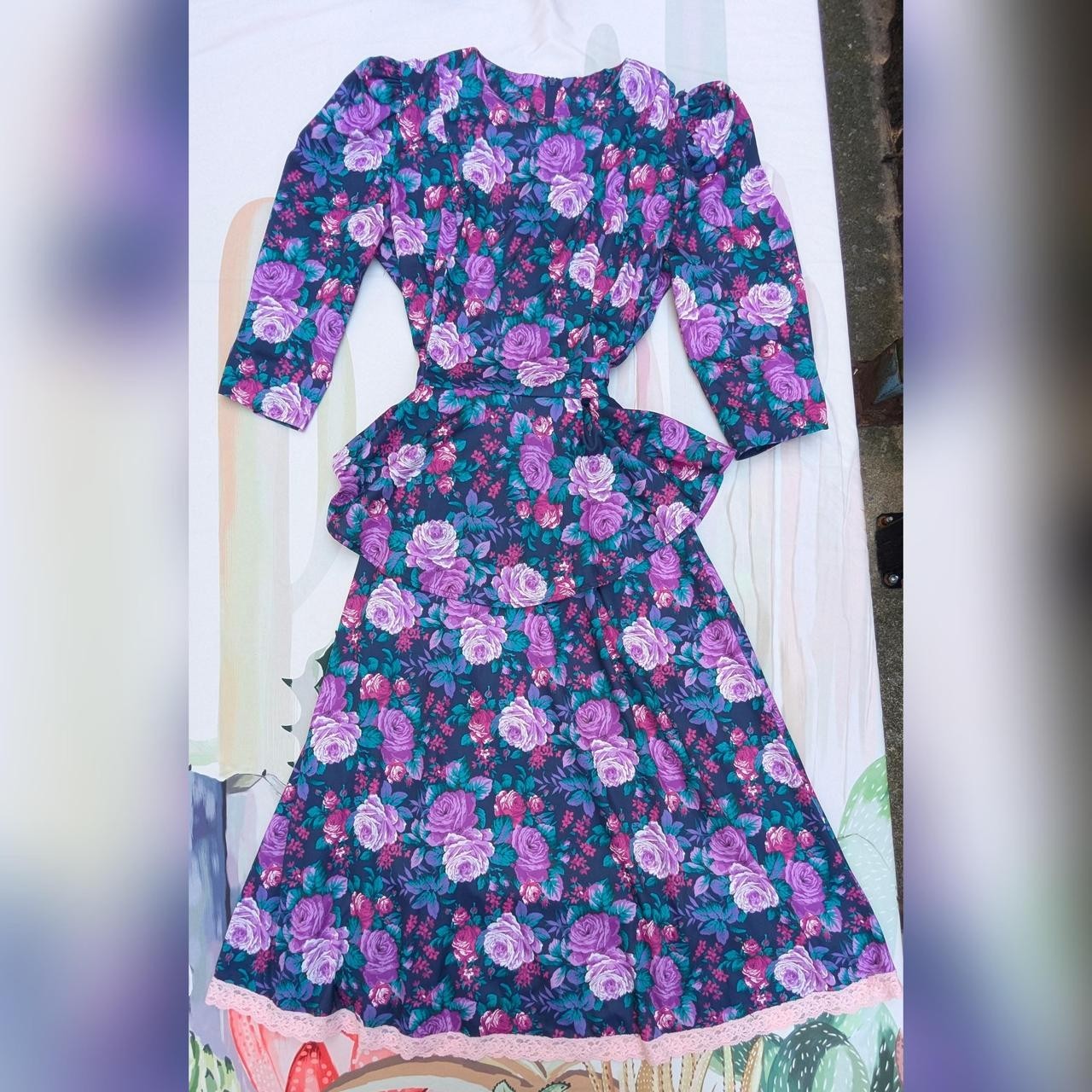 Vintage 80&rsquo;s Tabby of California Purple & Green Floral Rose Peplum Dress