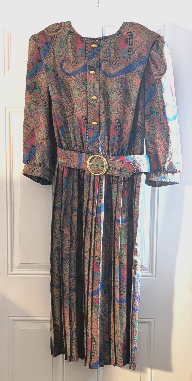 Vintage Lady Carol of NY Paisley Pleated Belted Dress 16 USA Bronze Blue Pink