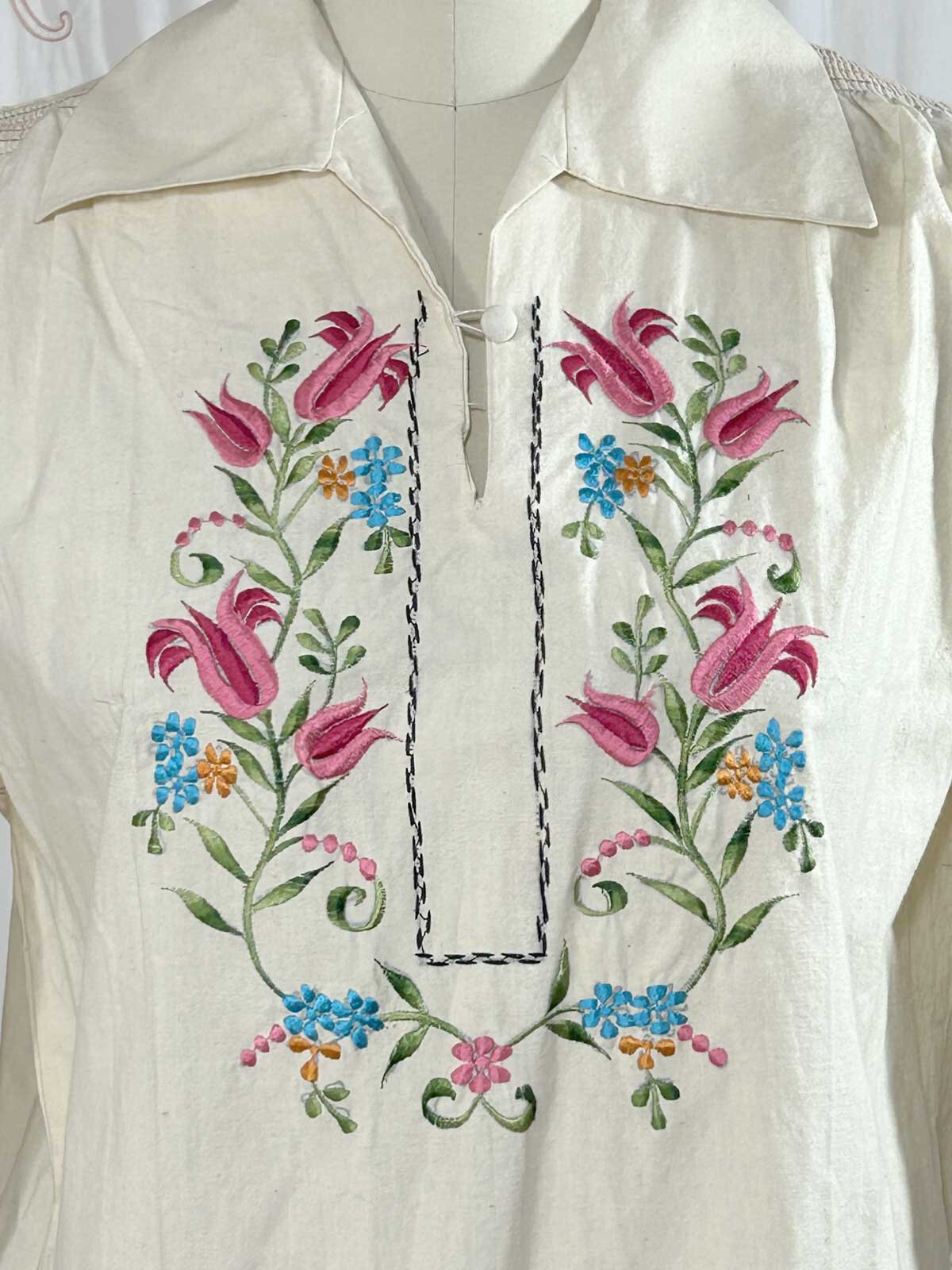 Vtg NOS Embroidered Peasant Blouse Mexican Hippy Top Smocked Cotton Muslin S/M