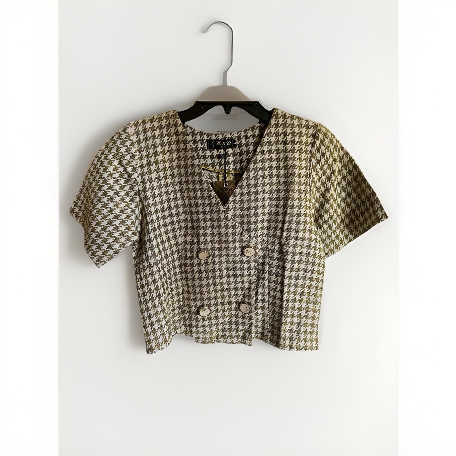 1960’s -70’s Green/Ivory Houndstooth Cropped Button Top NWT Size Large