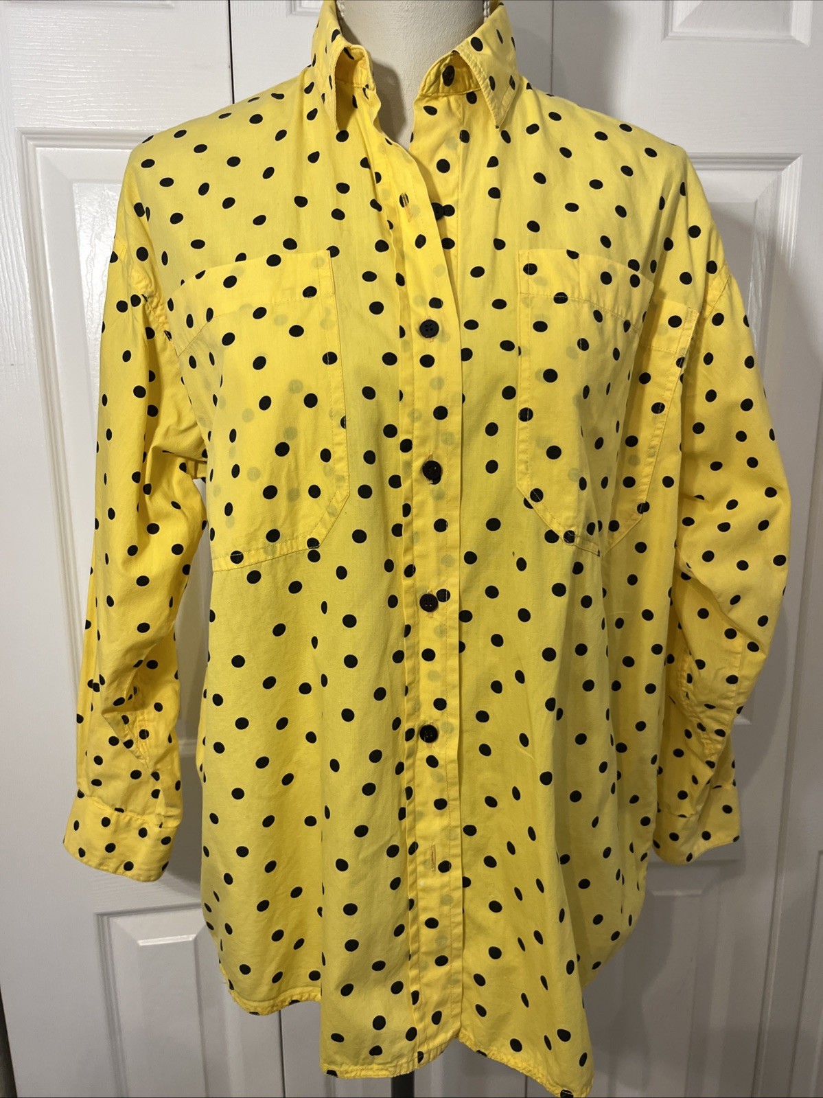 Instant Glamour Vtg 1980&rsquo;s Postmodern Cotton Yellow Shirt Black Polka Dot OS
