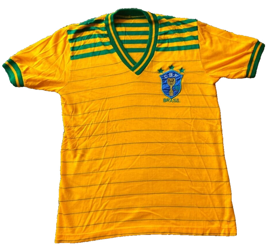 Vintage Brasil Football Shirt Womens Vneck Yellow with Green Stripes