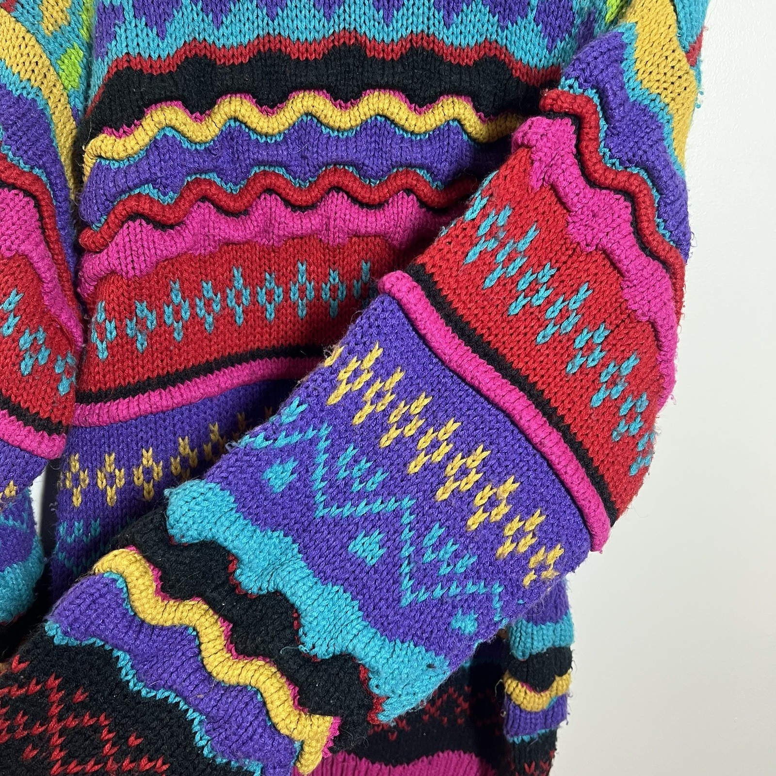 Vtg IVY Multi-color 3D Coogi Style Cable Knit Sweater Acrylic Size M Cosby Mock