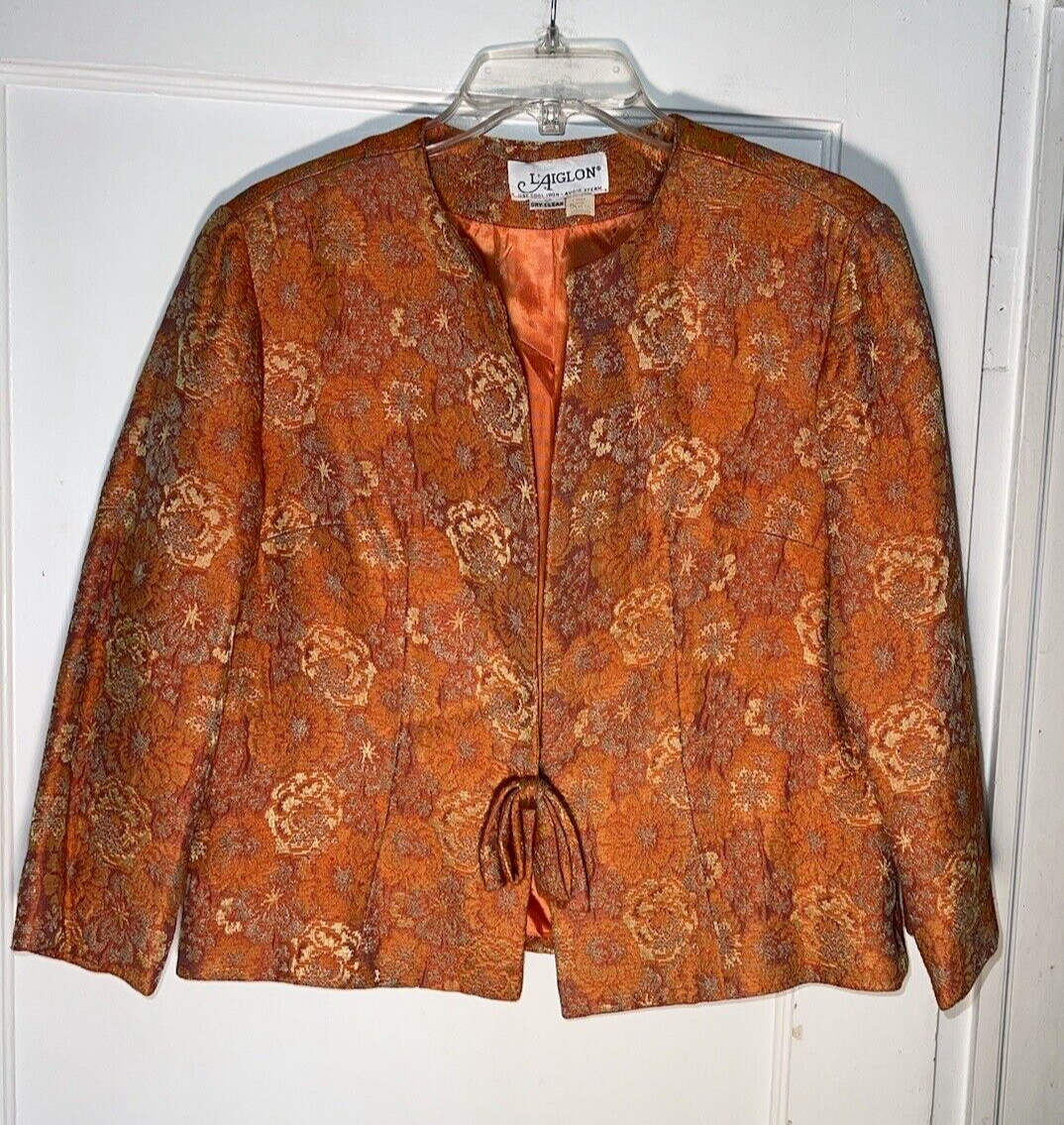 Vintage L&rsquo;Aiglon 1950&rsquo;s Orange Floral Rayon Brocade Dress Jacket Size M. d240