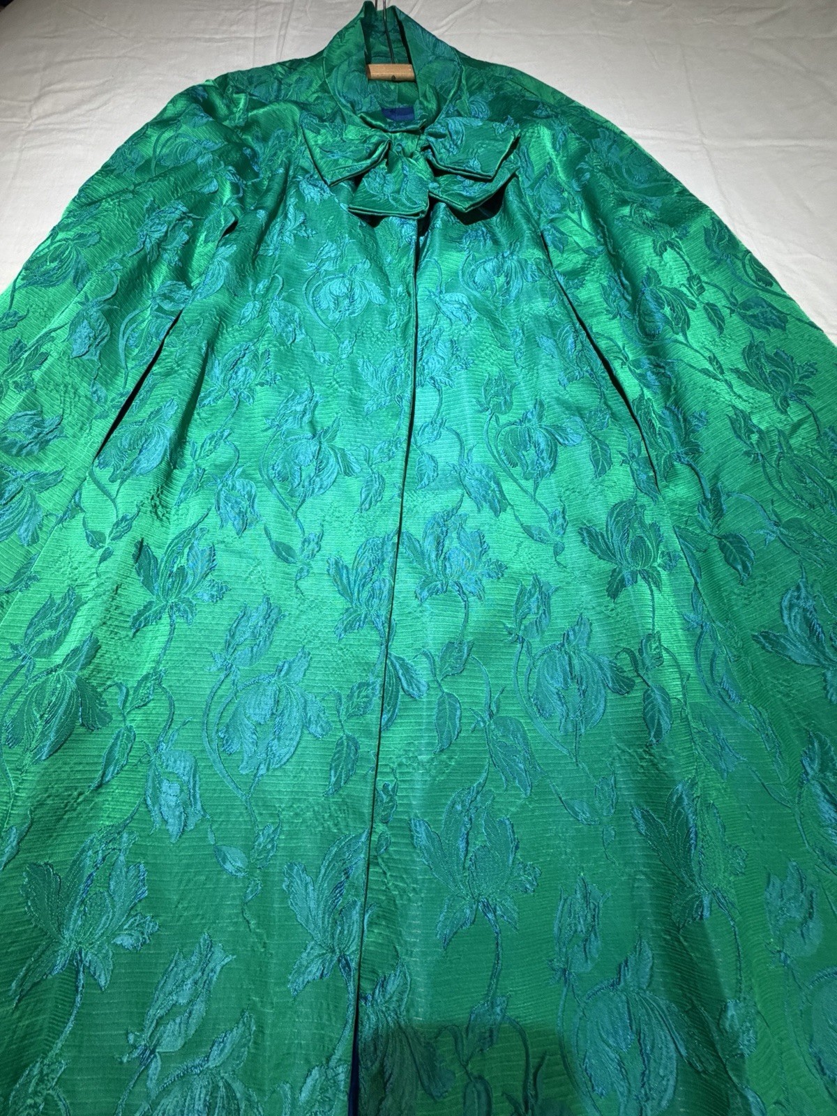Vintage Custom Tailored Teal Green Blue Jacquard Floral Long Opera Cape-One Size