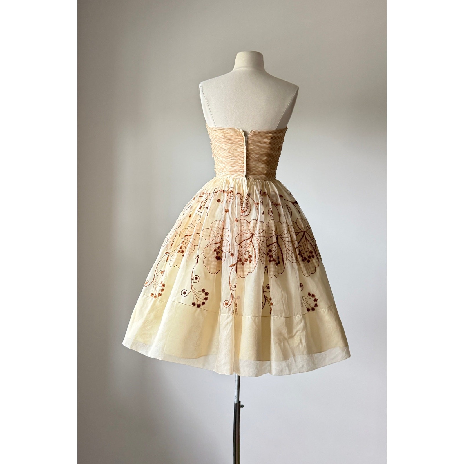 Vintage 1950s Gingham Organza Strapless Prom Party Wedding Dress XS