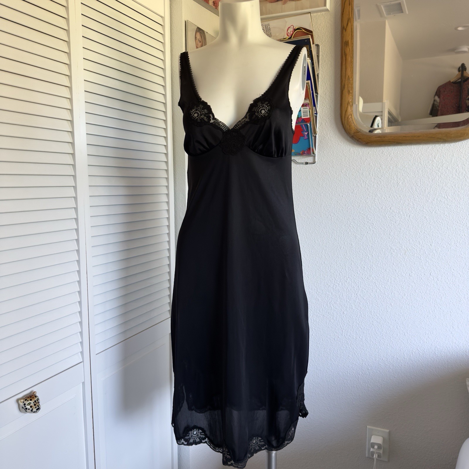 Vintage 80s Blush Black Lace Trim Slip Dress Chemise Satin Size 34 USA Made Goth