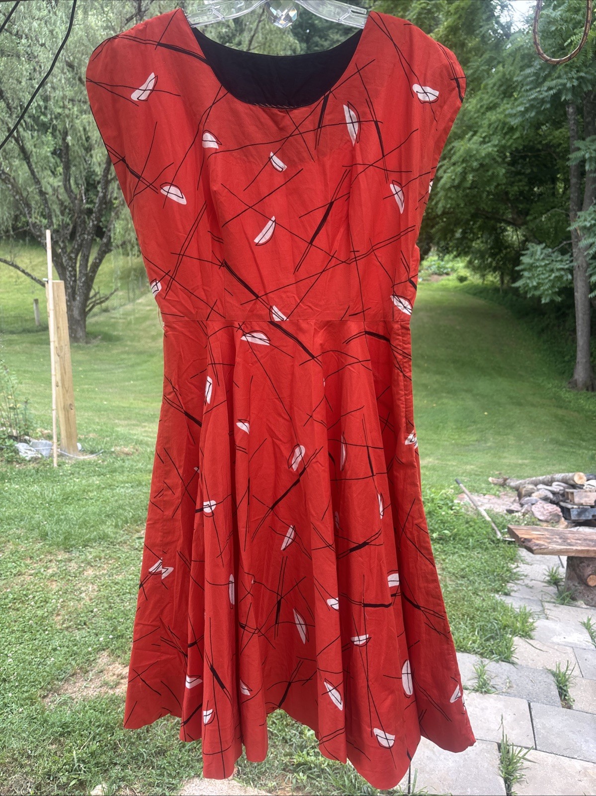 Vintage 1950’s Orange With Black Lines & White Shapes Geometric Pattern Dress