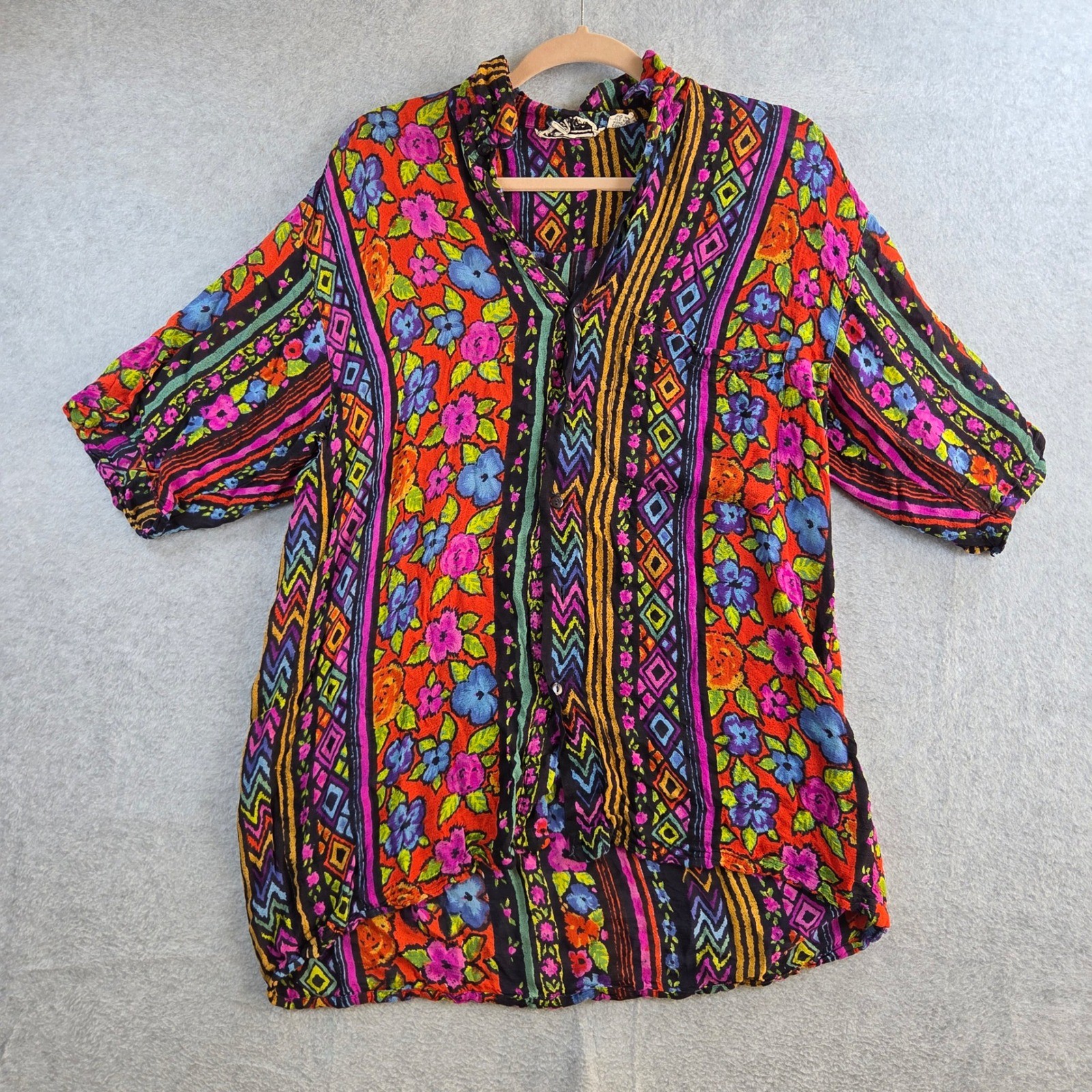Vintage Rayon Button Down Shirt Womens Medium Multicolor Floral Geometric Nepal