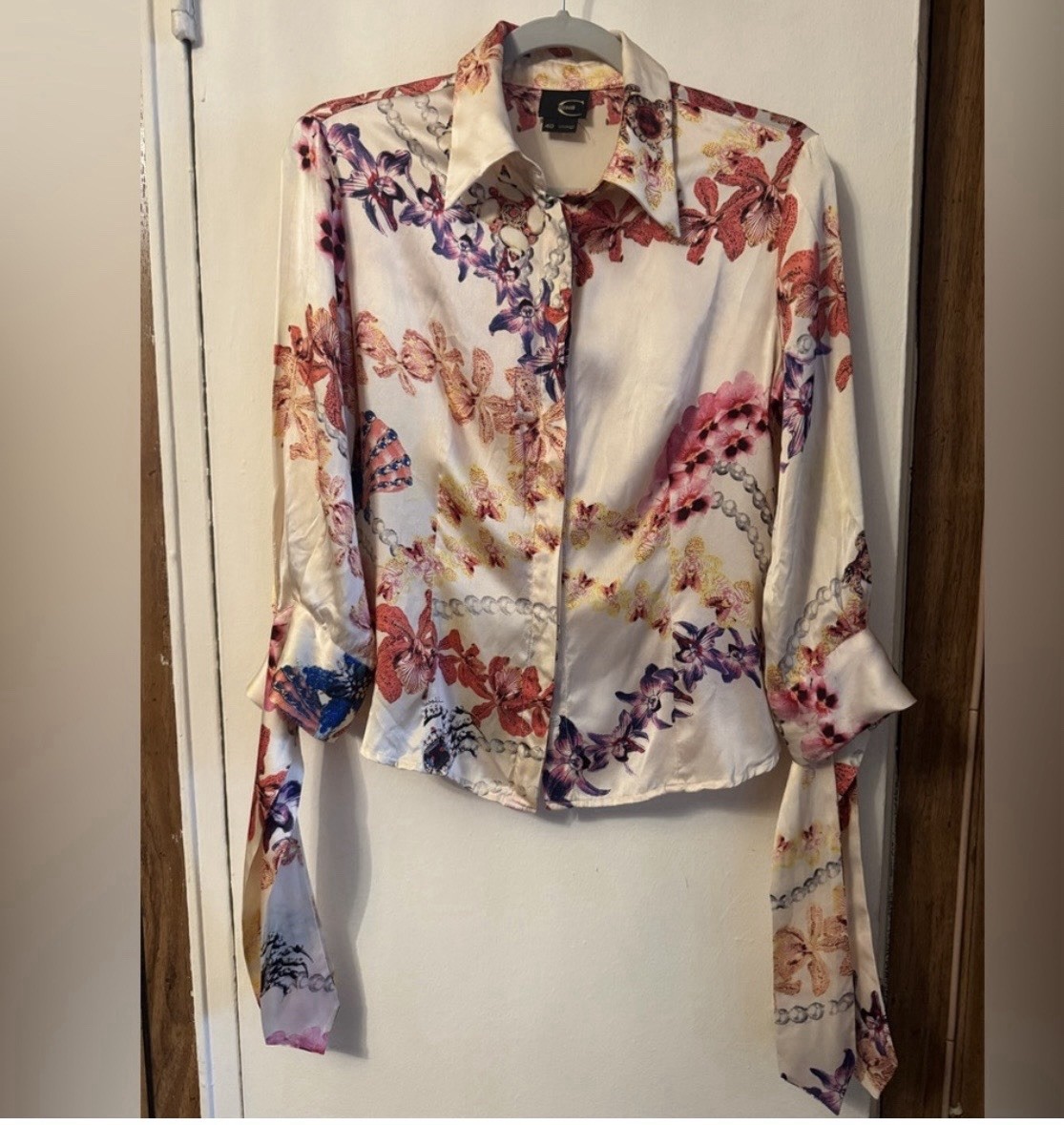 Just Cavalli Floral Satin Two-Piece Set in Cream , Pink & Purple. Size 40.