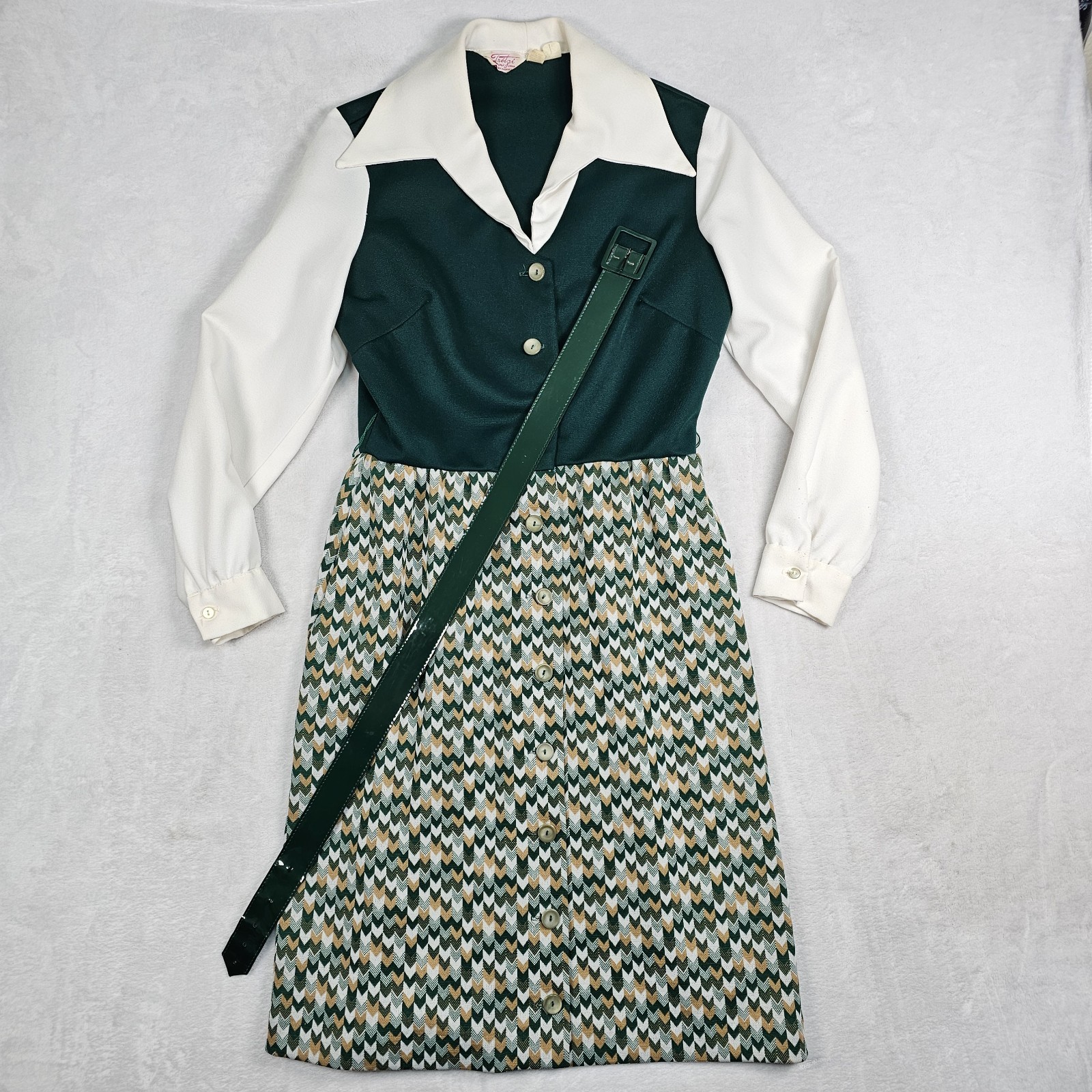 Vtg 60&rsquo;s 70&rsquo;s Fritzi Shirt Dress 4 W/ Belt Brady Bunch Point Wide Collar Retro