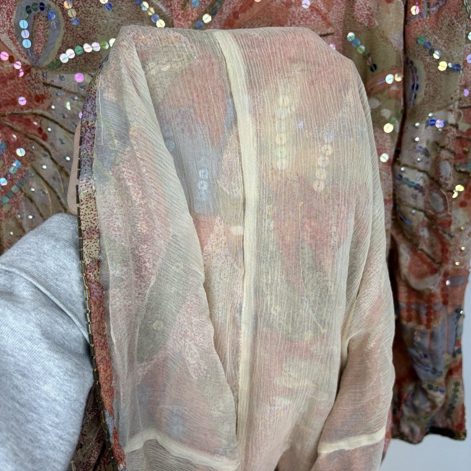 Vtg Judith Ann Creations Sequin 100% Abstract Silk India Long Sleeve Dress