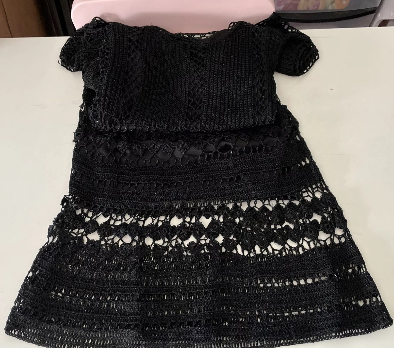 Gorgeous Vintage CACHÉ Black Beaded Crochet Knit Midi Dress XS/S/M