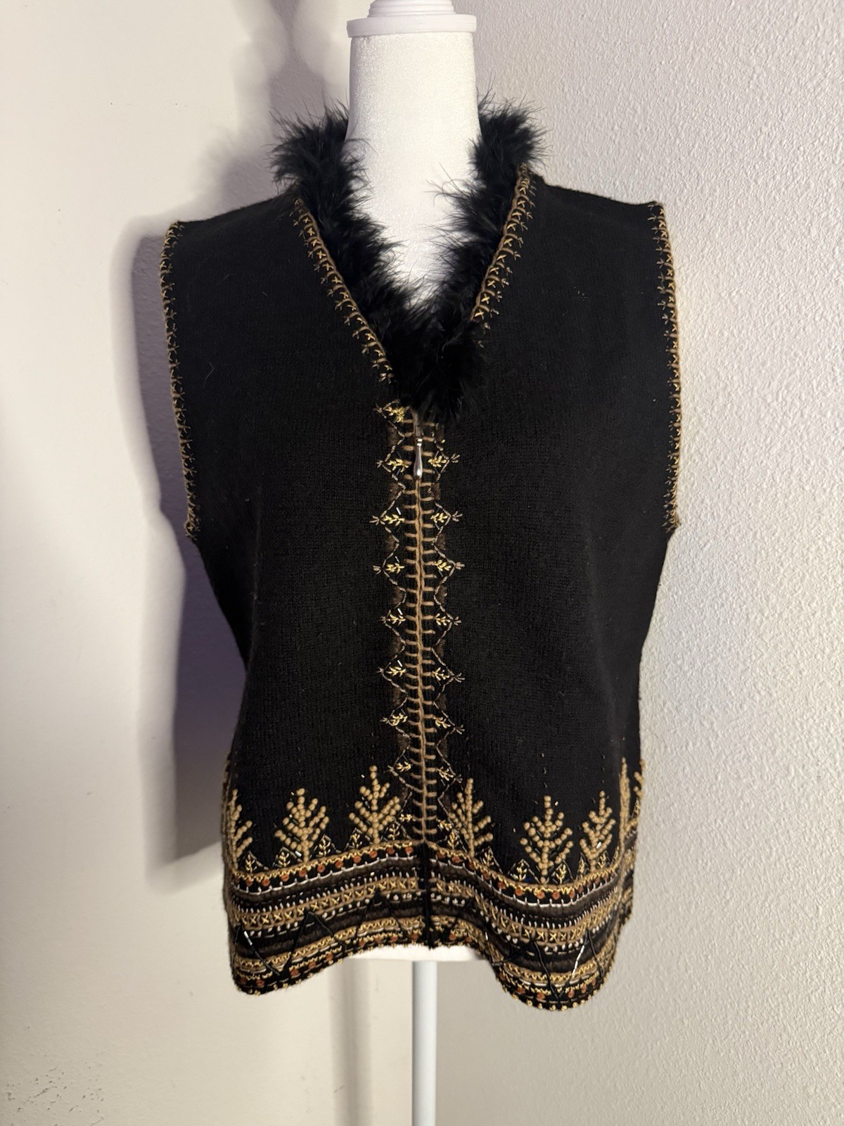 Susan Bristol SB-204 Wool Vest Vintage 2003 Black Gold Hand Embroidered L