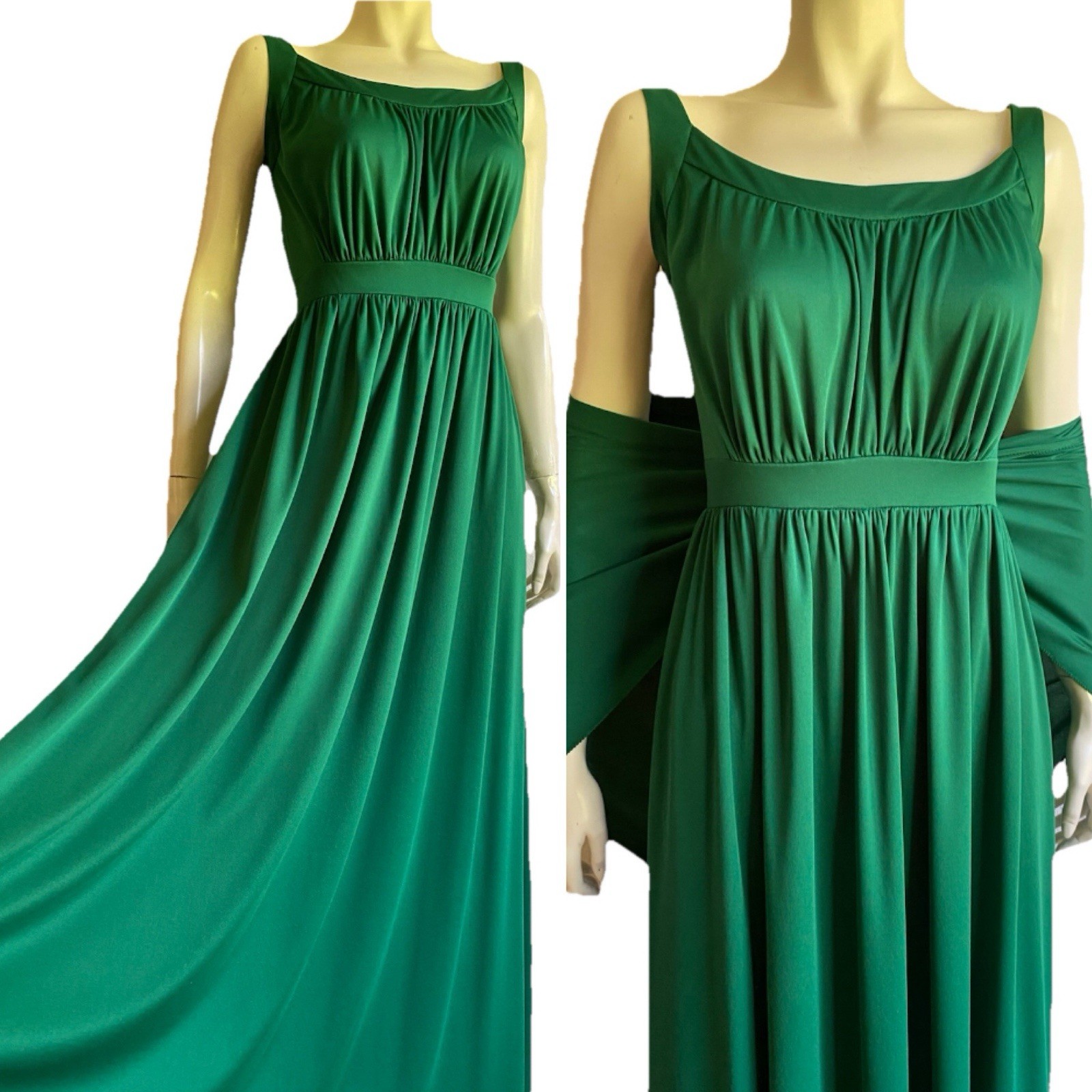 Vintage 70s GREEN Grecian Goddess Dress Maxi Roman Shawl Disco Gown 1970s