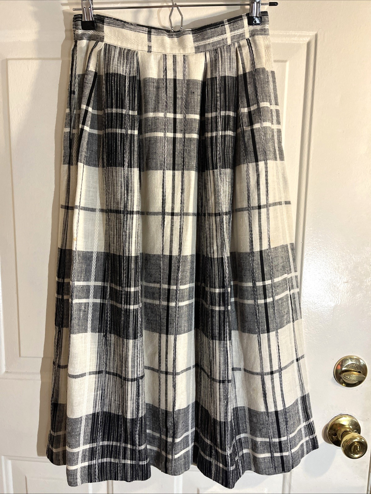 Vintage Lloyd Williams Plaid Linen Blend Midi Skirt Cream Black VTG 4 XS‑S USA
