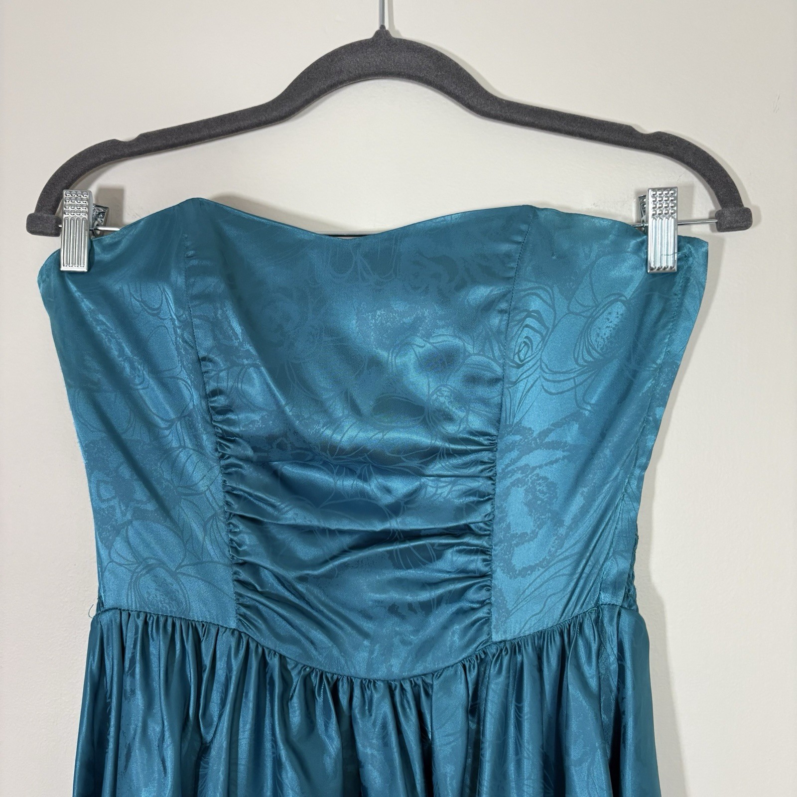 VTG 80s Studio E Teal Floral Brocade Prom Party Dress Strapless Ruched Maxi L