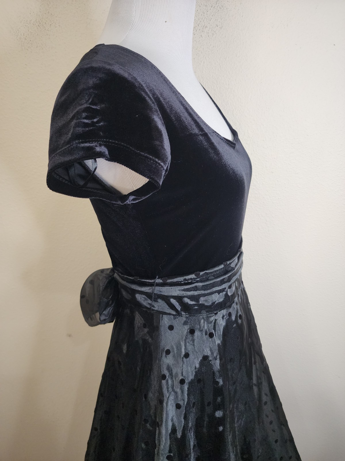 Vintage Velvet Organza Belted 5/6 Short Sleeve Polka Dot Whimsical Fairy Dress