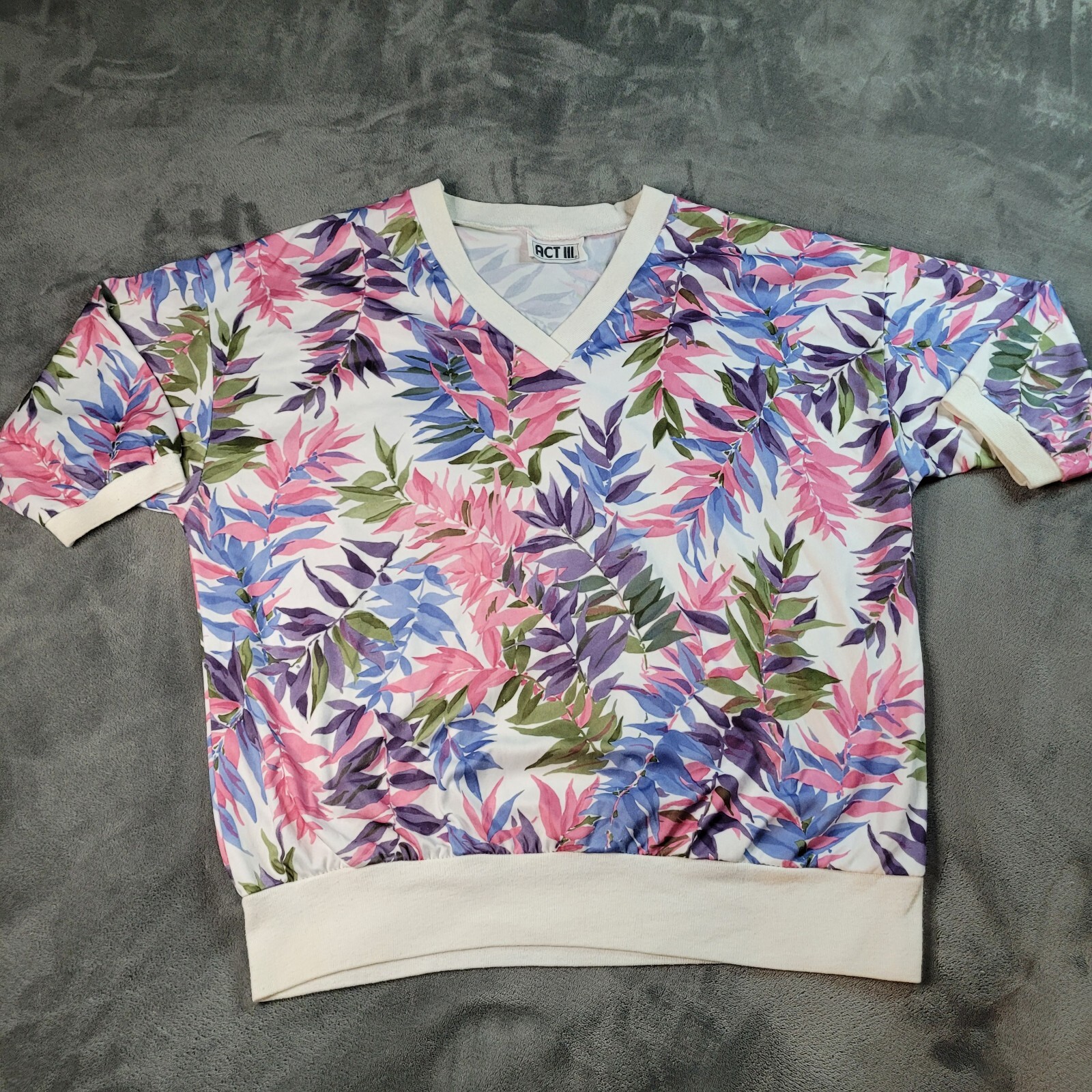 Vtg Act III Women&rsquo;s Flower Petal Bamboo Shirt Tropical Floral Top Size L V Neck
