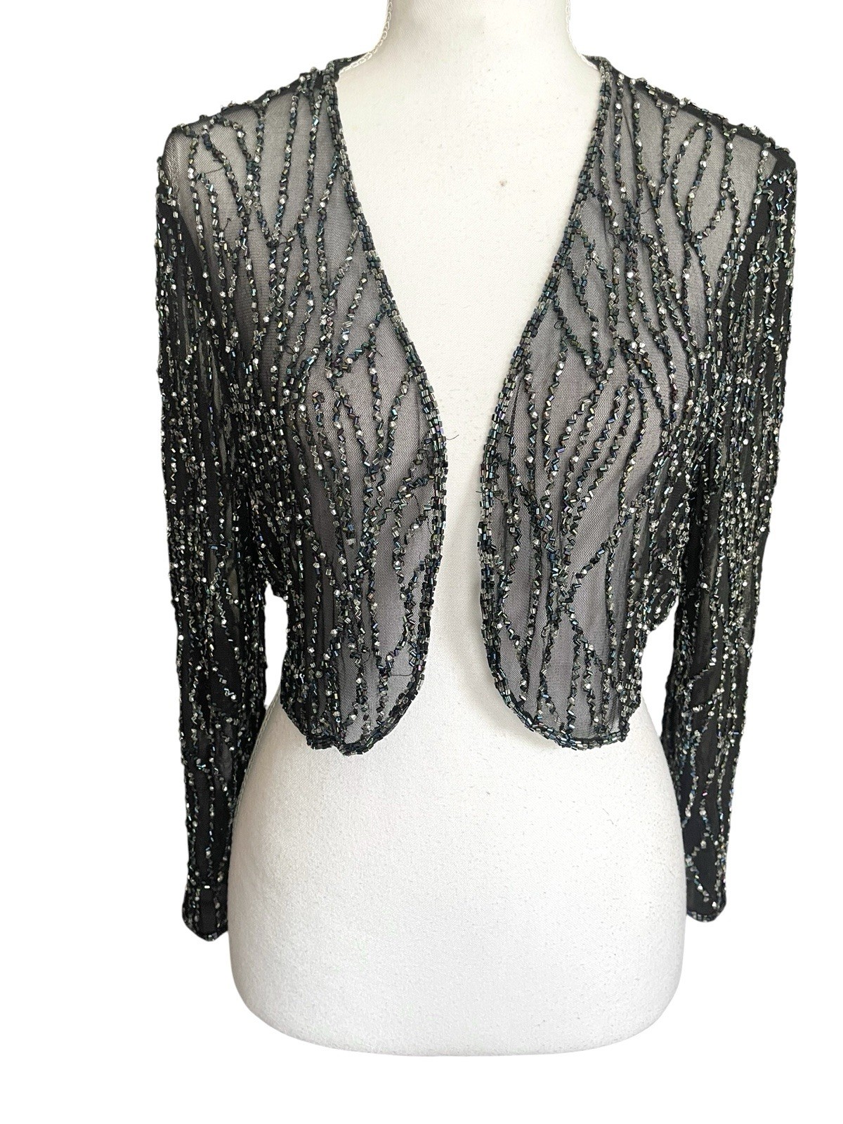 Vintage 90s Sheer Mesh Beaded Bolero Shrug Sz L Old Hollywood Glamour Whimsigoth