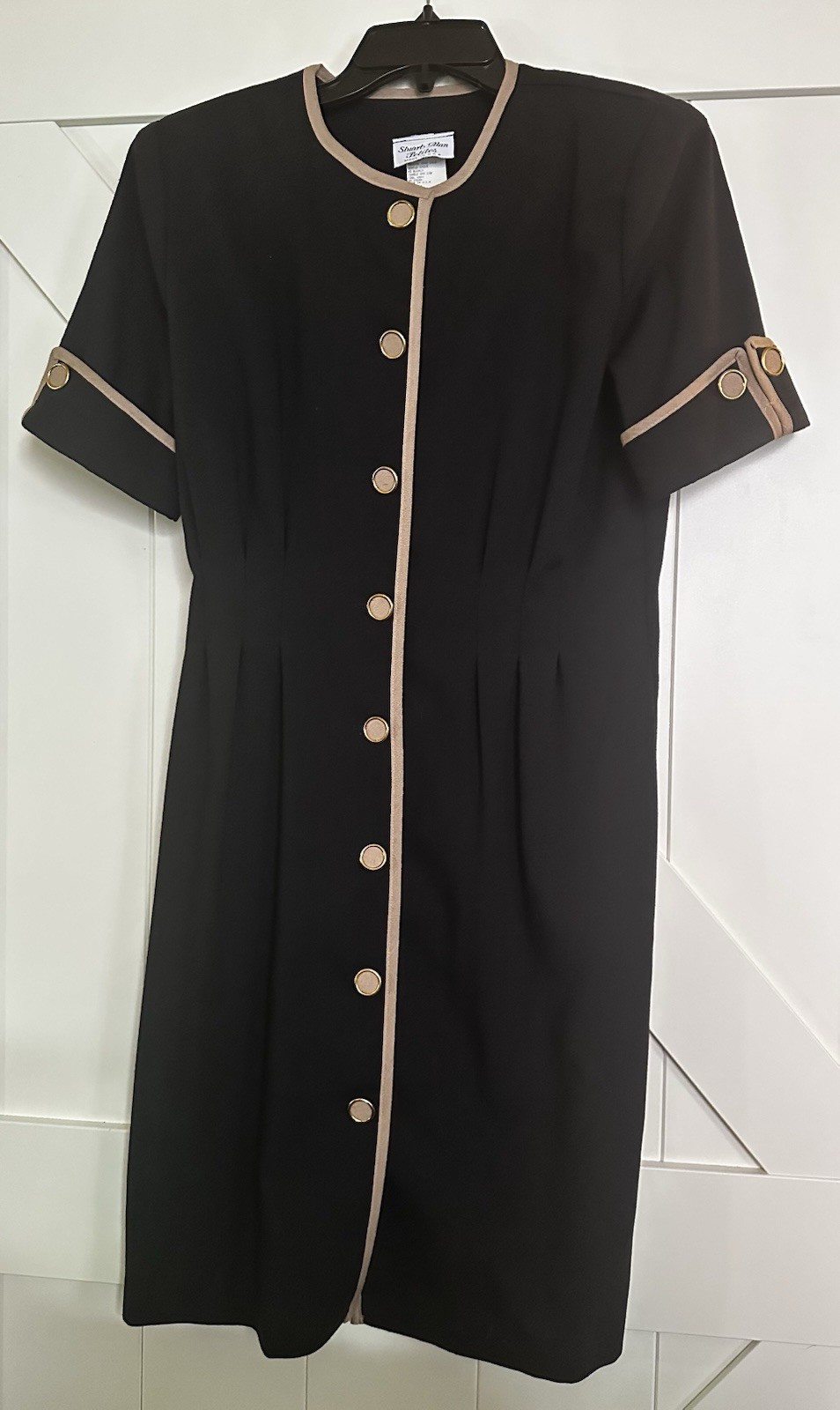 Vintage Stuart Alan Women&rsquo;s 10 Petite Sheath Button Dress Black Shoulder Pads EC