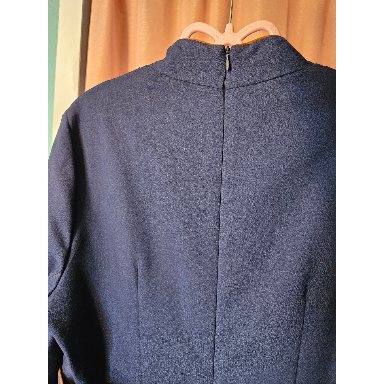 Rare THE FOLD London Virgin Wool Navy Blue w/ Copper Neck Line & Belt Trim Dress