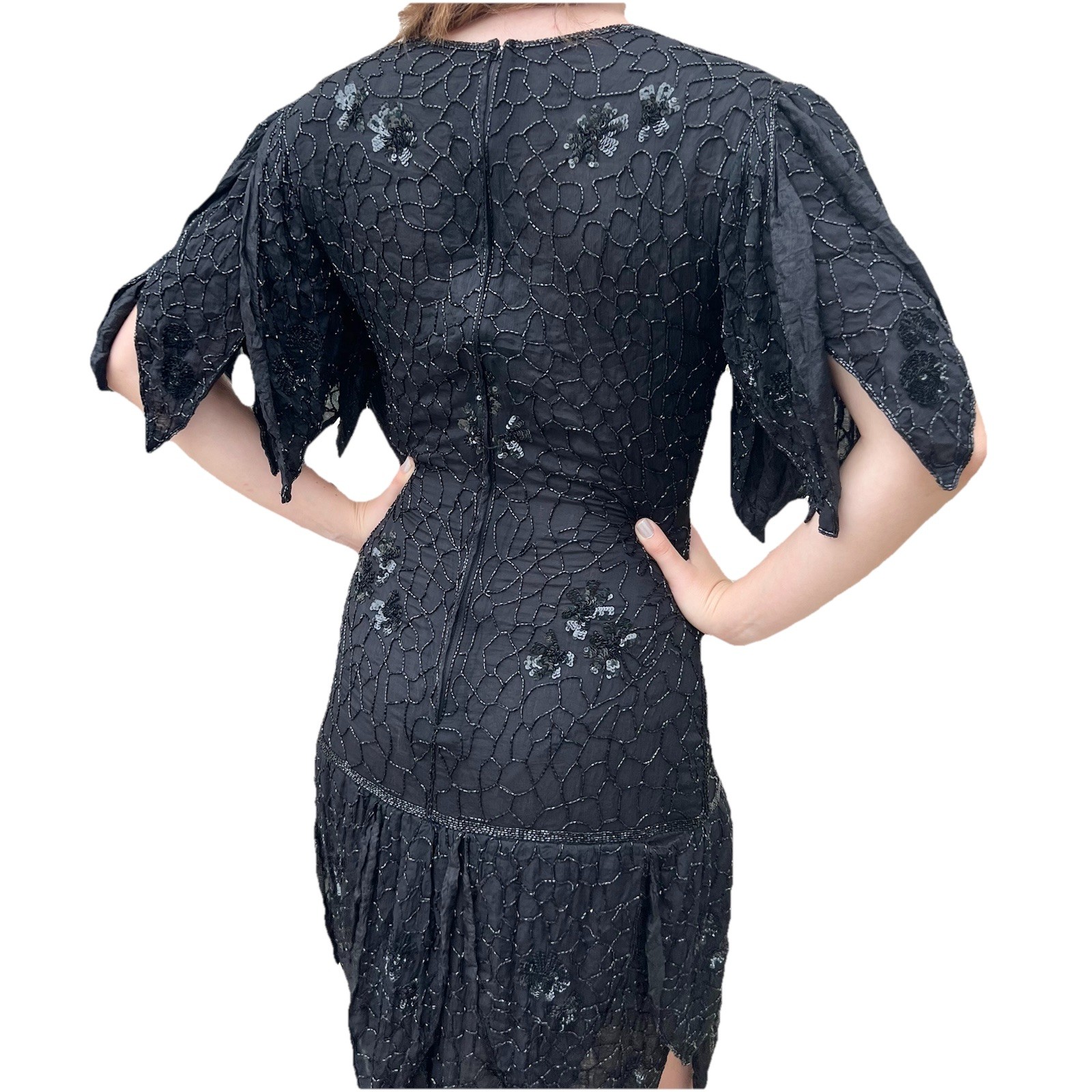 Vintage Frank Usher Black Silk Beaded & Sequin Dress Hand Woven M. Whimsigoth