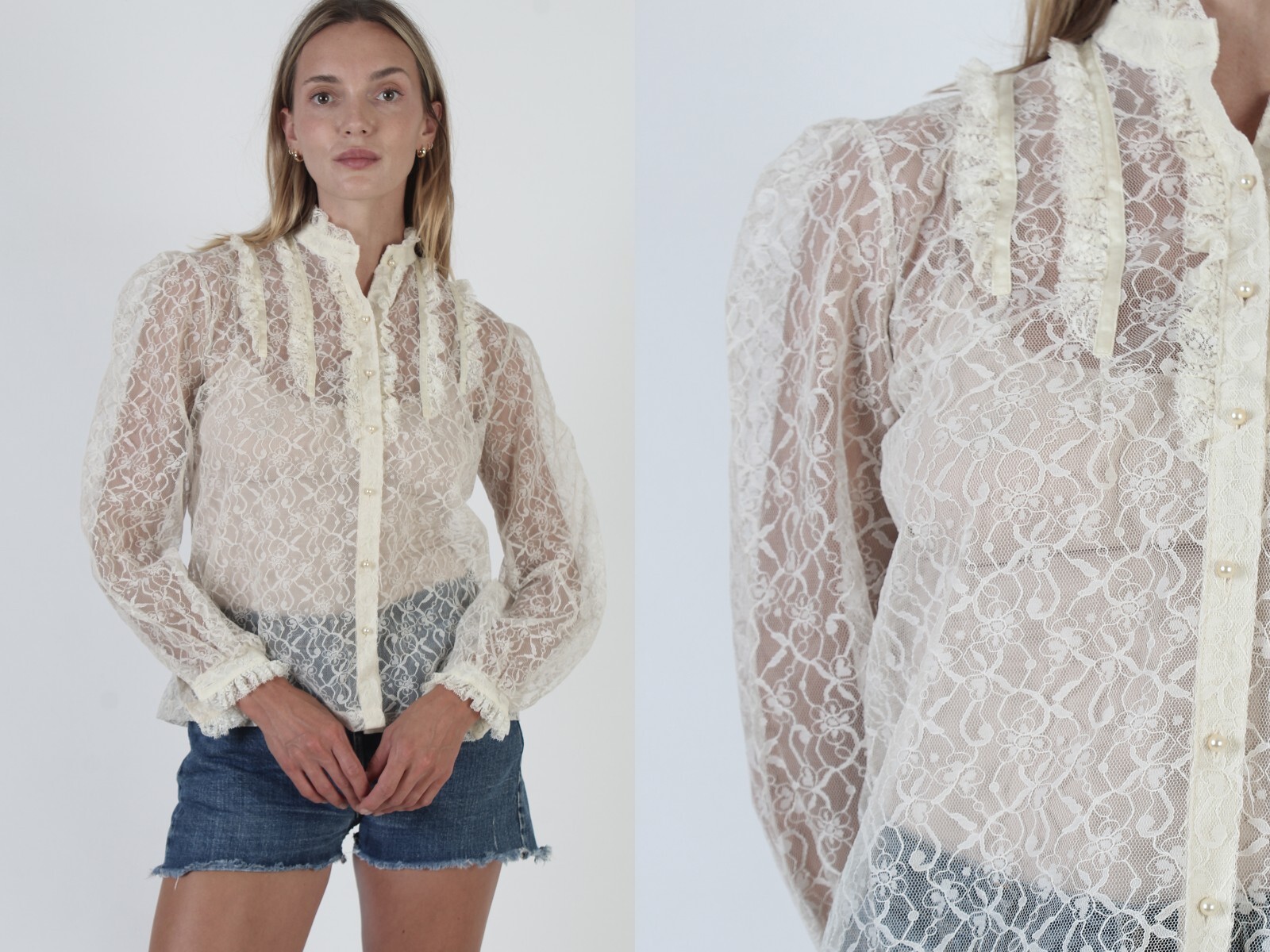 Vtg 70s Victorian Cream Lace Blouse Edwardian Sheer High Neck Button Up Lace Top