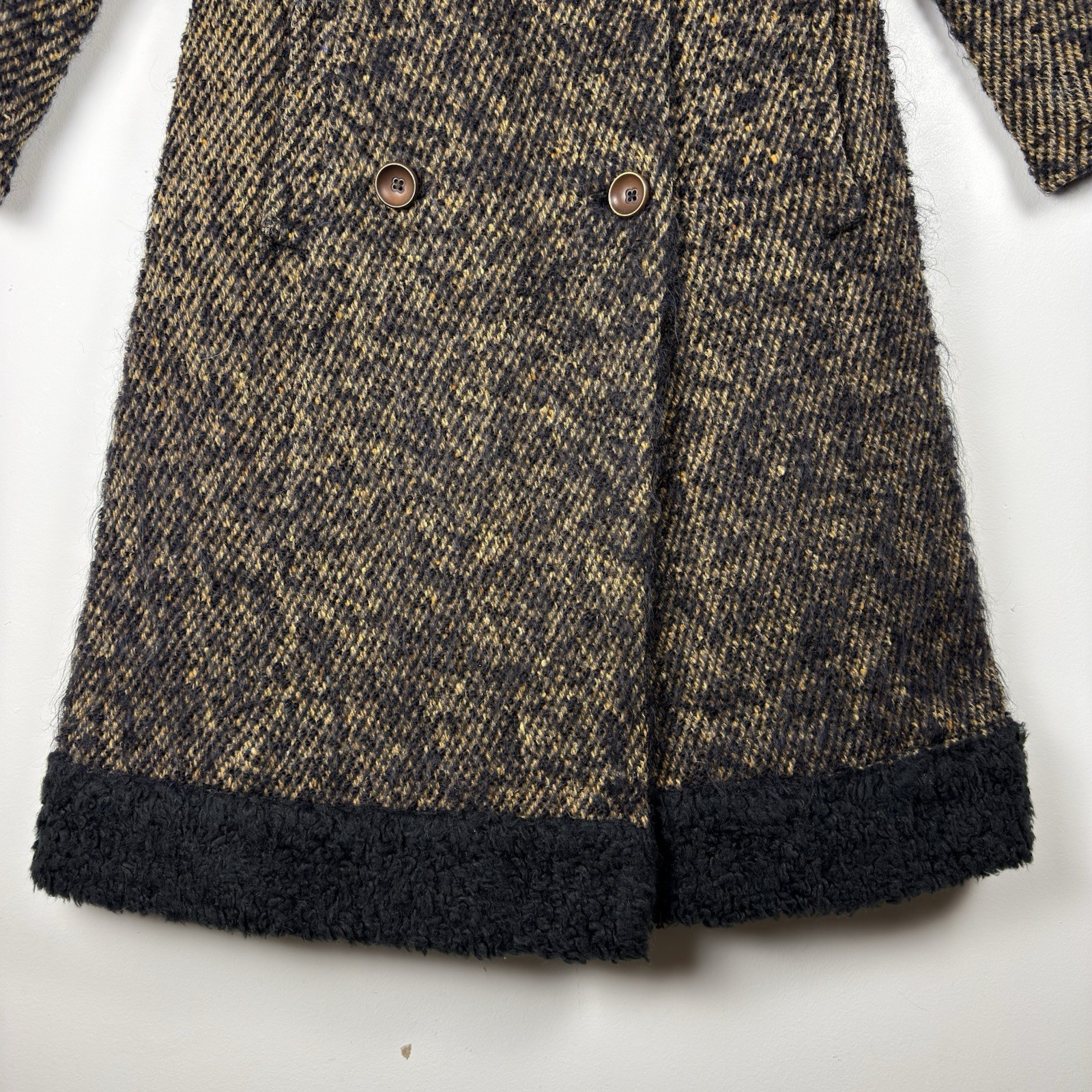 VTG 1960s Custom Made Wool Tweed Double Breasted Coat Womens Small Black Tan NYC