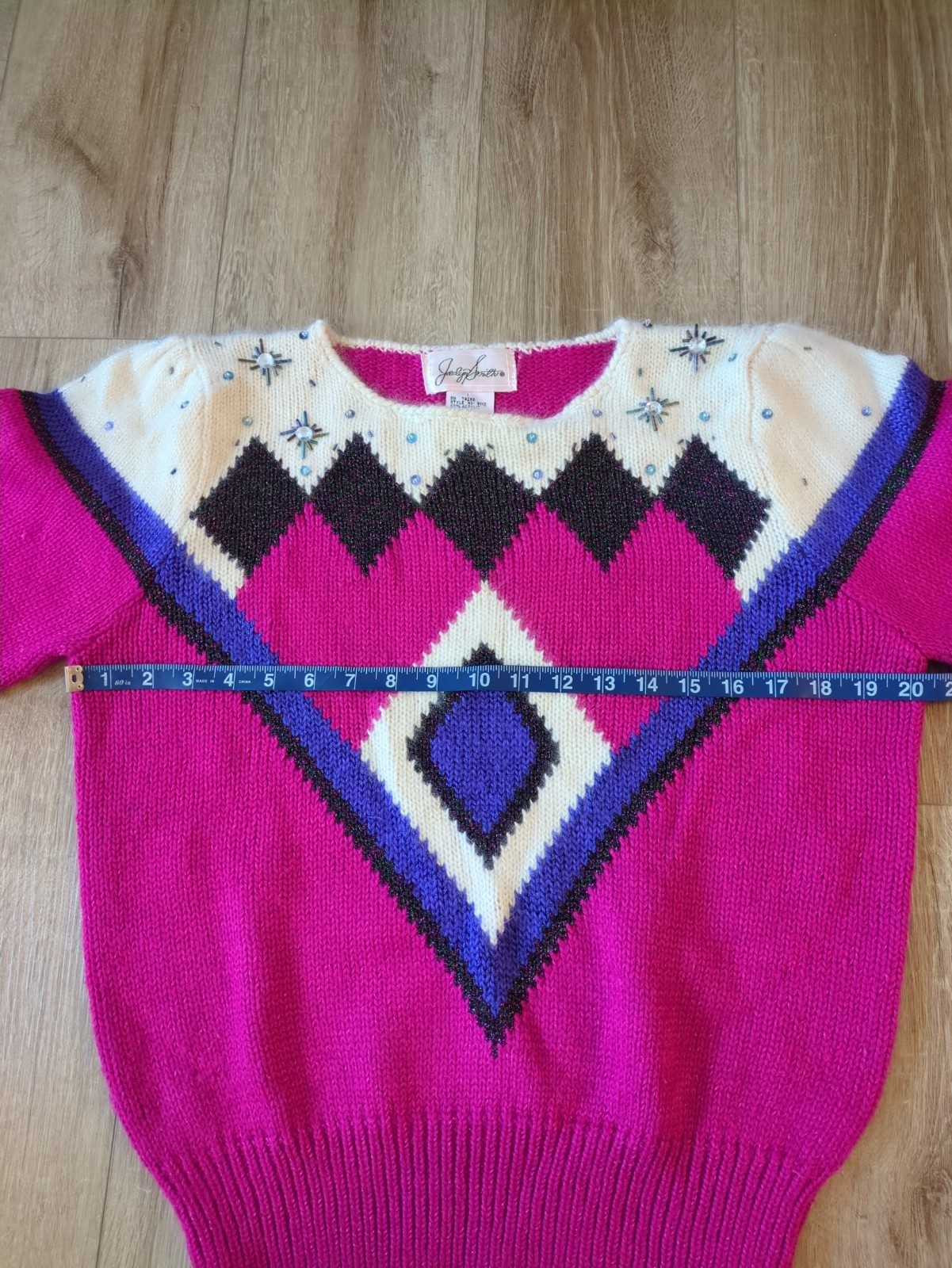 Vintage Bold Geometric Angora Wool Blend Top Fuschia Embellished 80s Mom Sweater