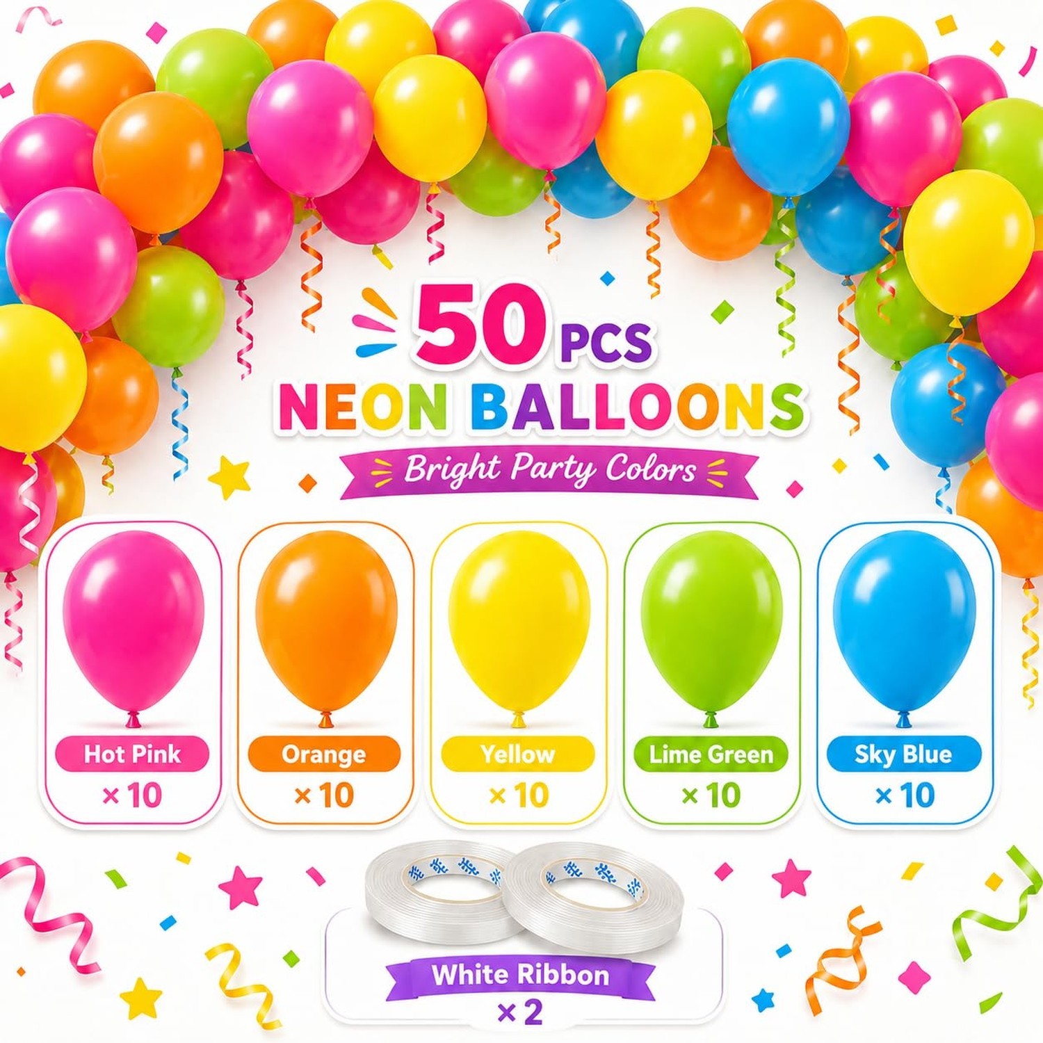 Rainbow Balloons, 50Pcs 12 Inches Yellow Orange Hot Pink Lime Green Neon Ball…