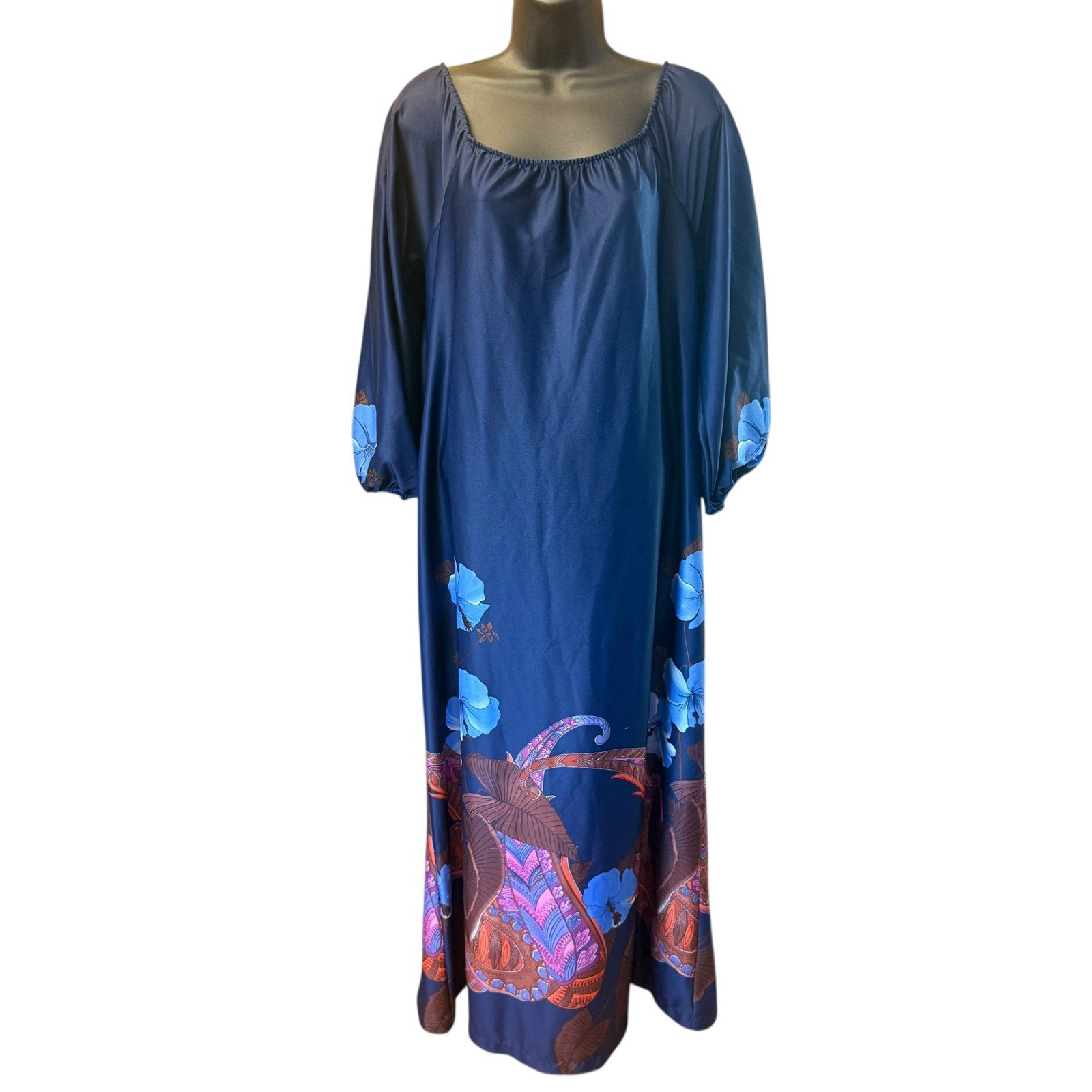 Vtg Sears At Home Wear Caftan House Dress M Mumu Muumu Blue Floral Maxi Lounger