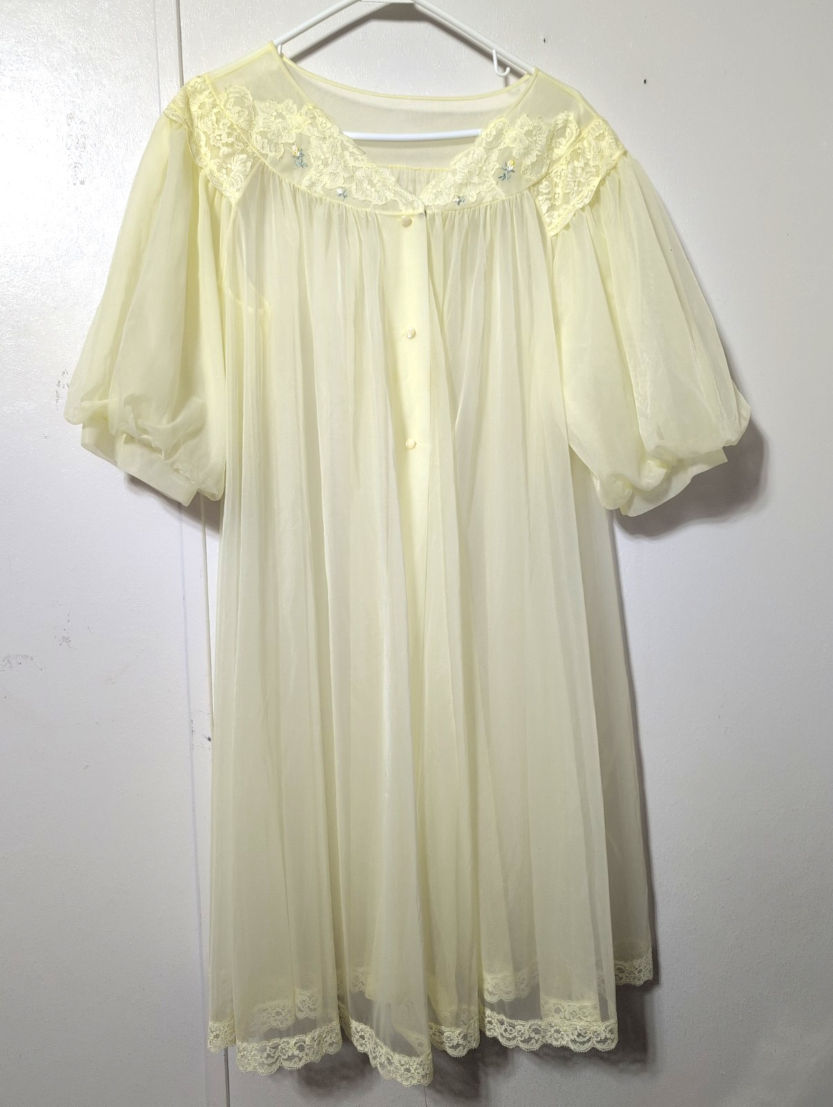 Vtg Shadowline Yellow Nylon Lace Chiffon Peignoir Robe Sheer Sz Large