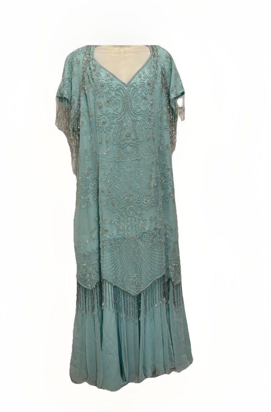 Jack Bryan Vintage Teal Beaded Chiffon Dress 18 Art Deco Gatsby Evening Flapper