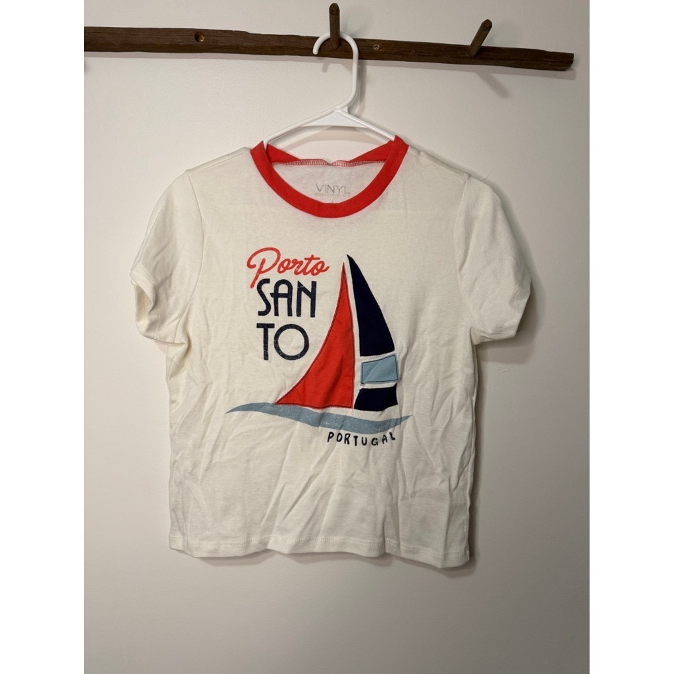 Vinyl Cream Crop Top with Red & Navy Sailboat Graphic