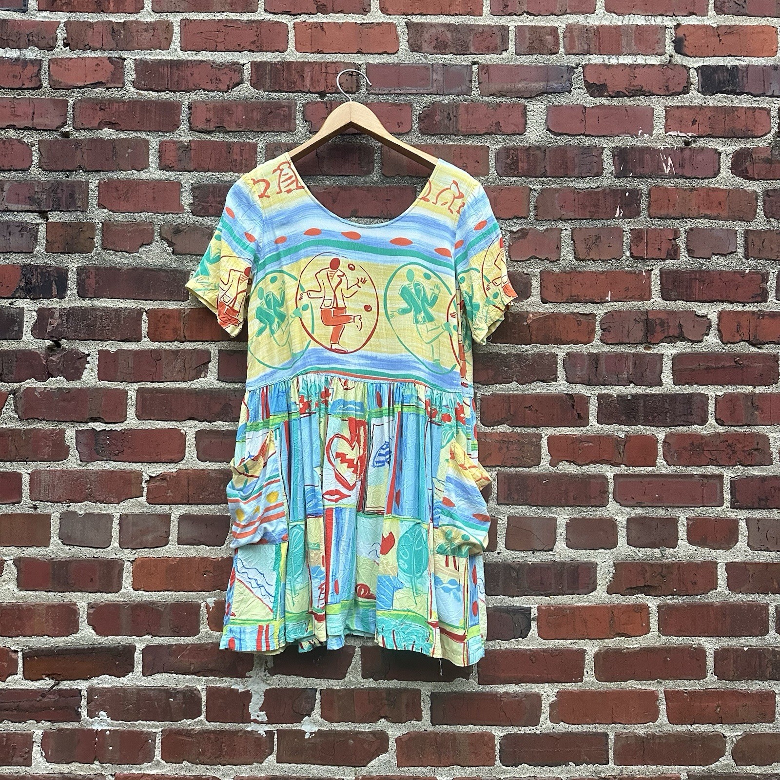 Vintage Jams World Dress Dancing Man Colorful Beach Tropical 90s Pockets S Small