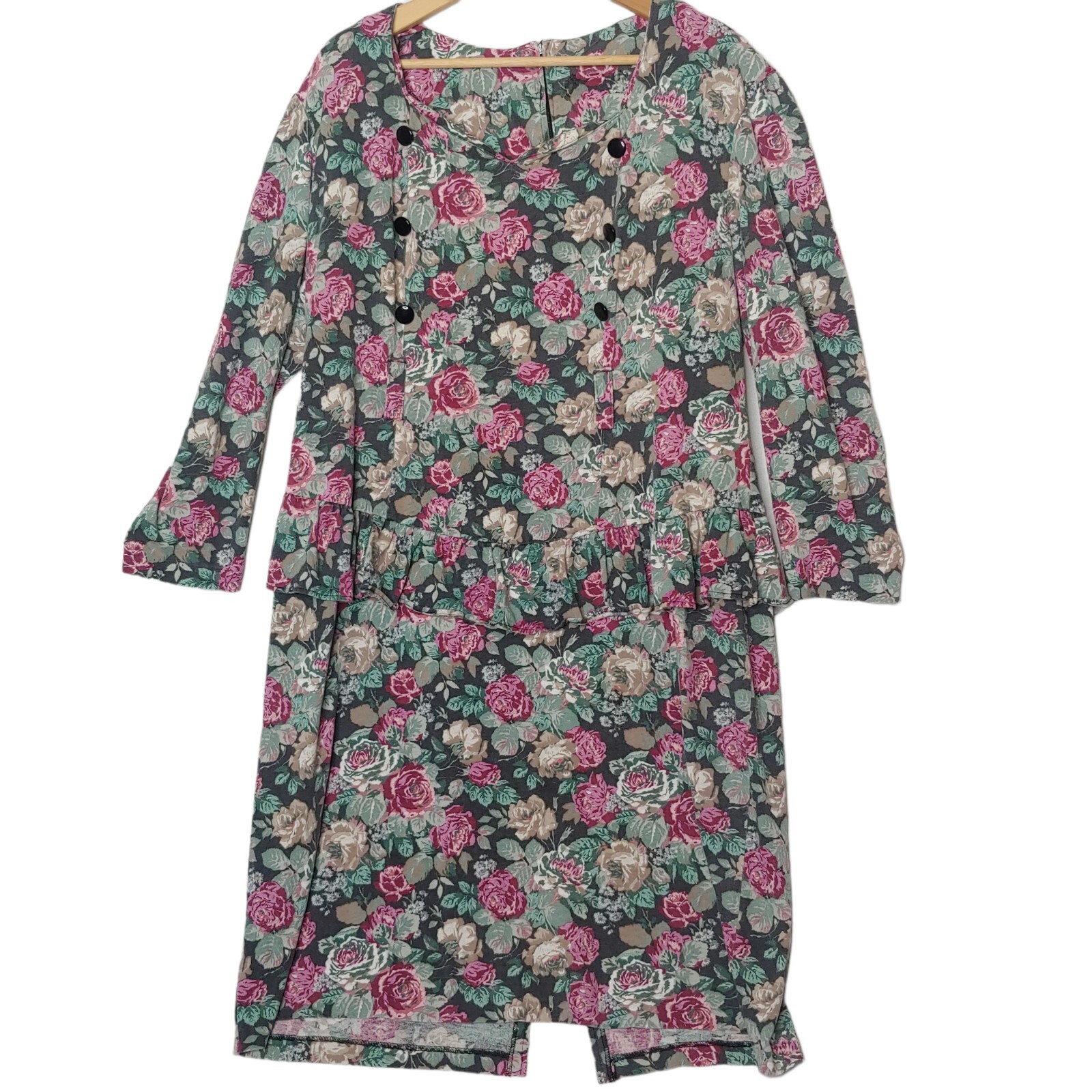 Dress L/XL Floral Black Pink White Green Ruffle Knit Cottagecore Vintage 1980s