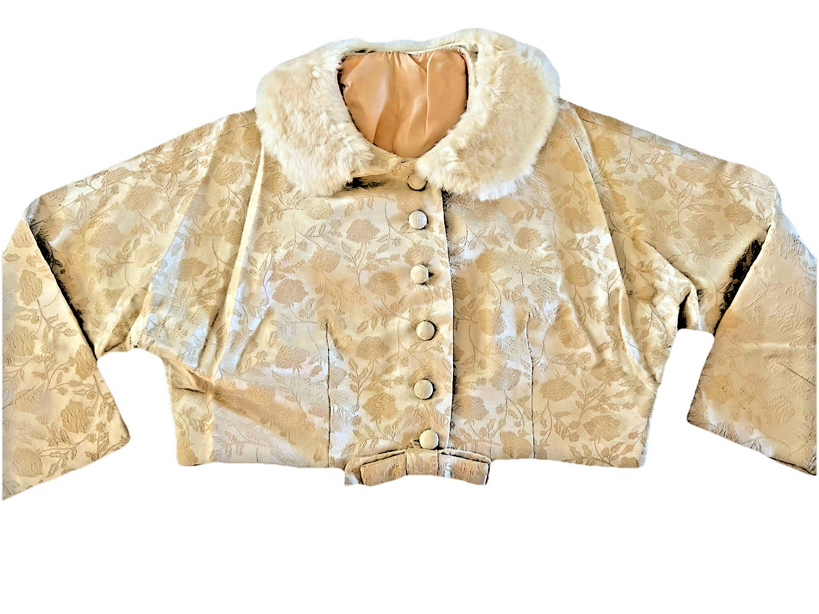 VTG 50s 2 Pc Fur Collar Crop Jacket & Ivory Damask Pencil Dress Suit Set Small**