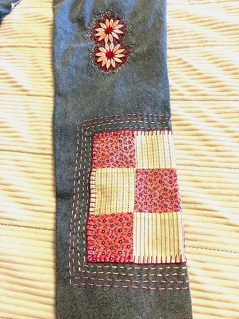 Totally hand patched embroidered upcycled custom Womens jeans 1 of a kind – Med