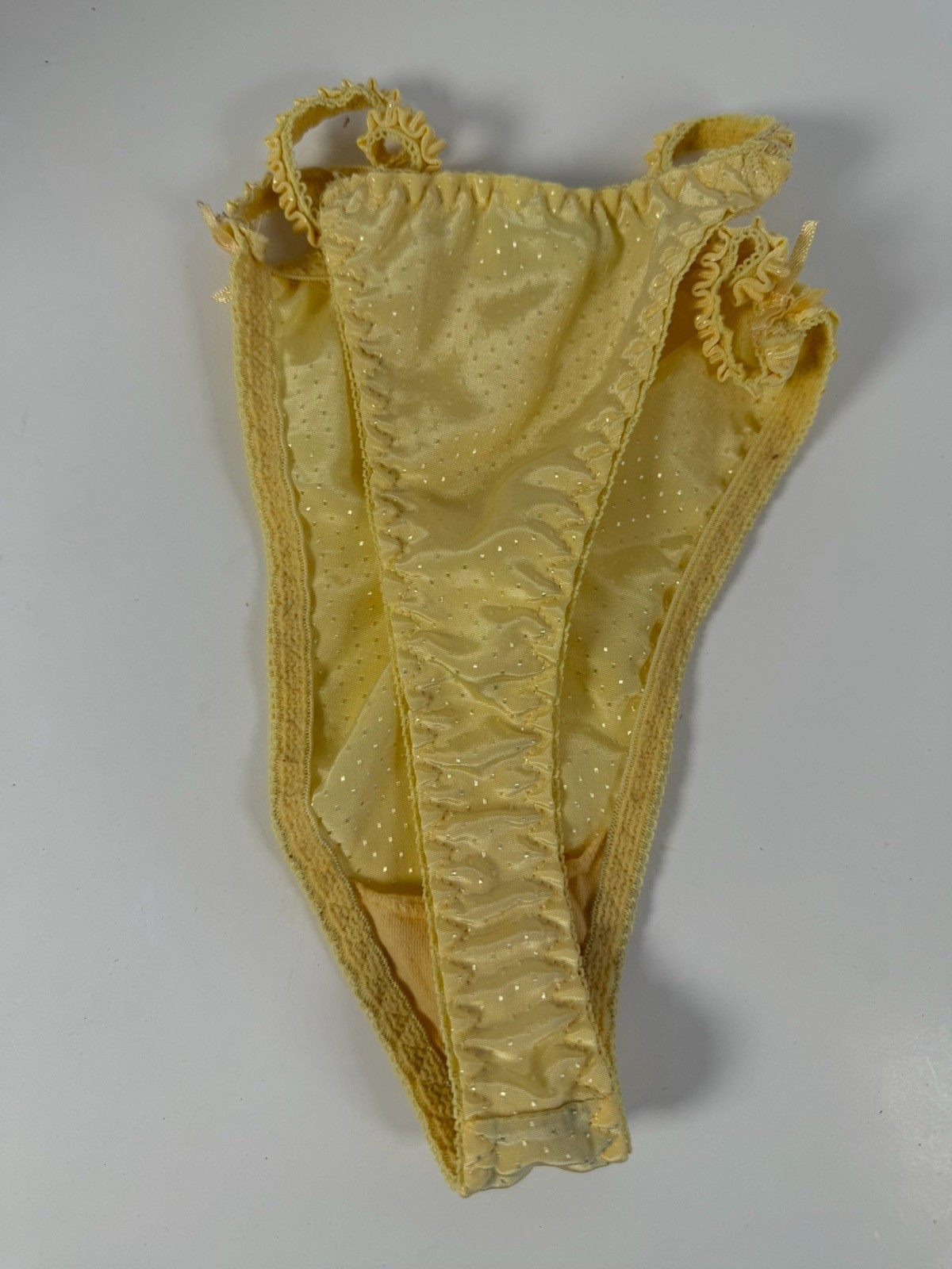 L/7 Ashley Taylor Vintage Satin String Thong Yellow polka dot print second skin