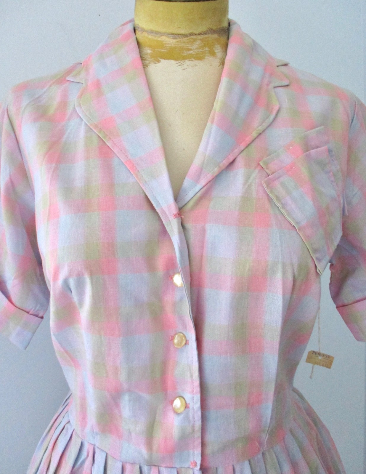 NOS w/Tag Vtg 50s Rockabilly Pink Shadow Plaid Shirtwaist Dress Sawtooth Trim 16
