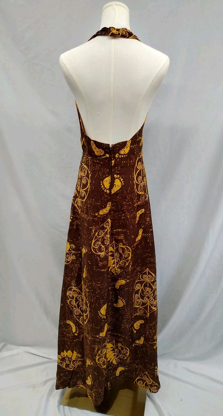 70&rsquo;s Vintage Hawaiian Dress Maxi Halter Tiki Barefoot Beach Print Brown Sz XS/S