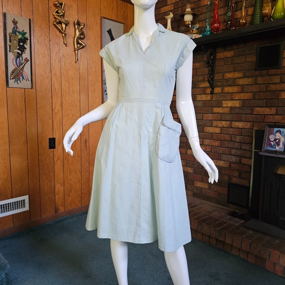 Vtg 40s 50s Novelty Pocket Chambray Full Skirt Chore House Rockabilly Dress XS/S