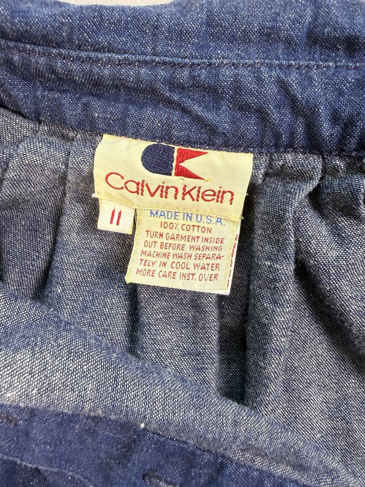 Vintage 1970&rsquo;s Calvin Klein denim smocked shirt size 11 bust 48 inches Boho