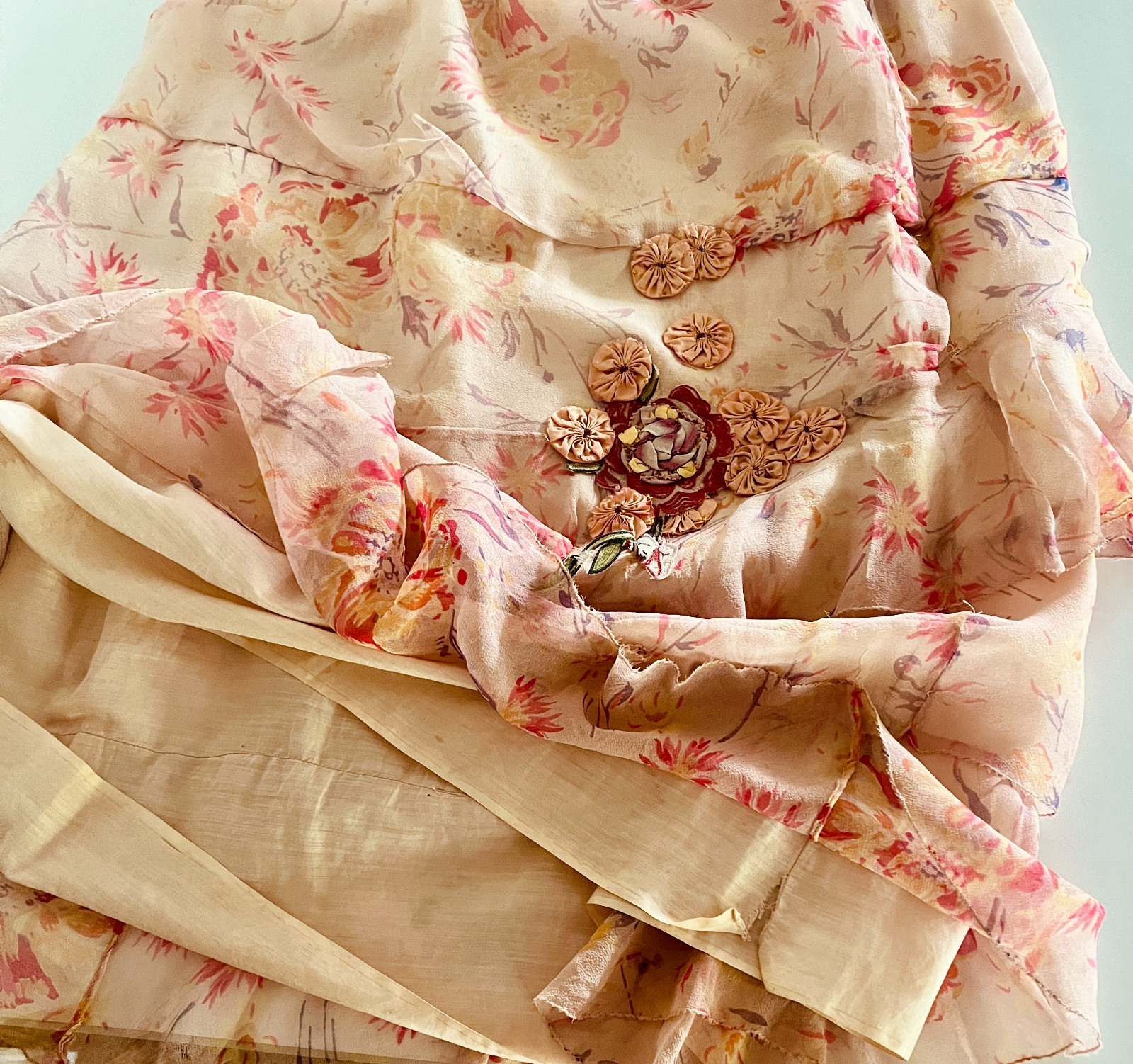 Charming 1920s Tiered Silk Tiered Skirt, Pastels, Peach, Ribbon Work Flowers S-M