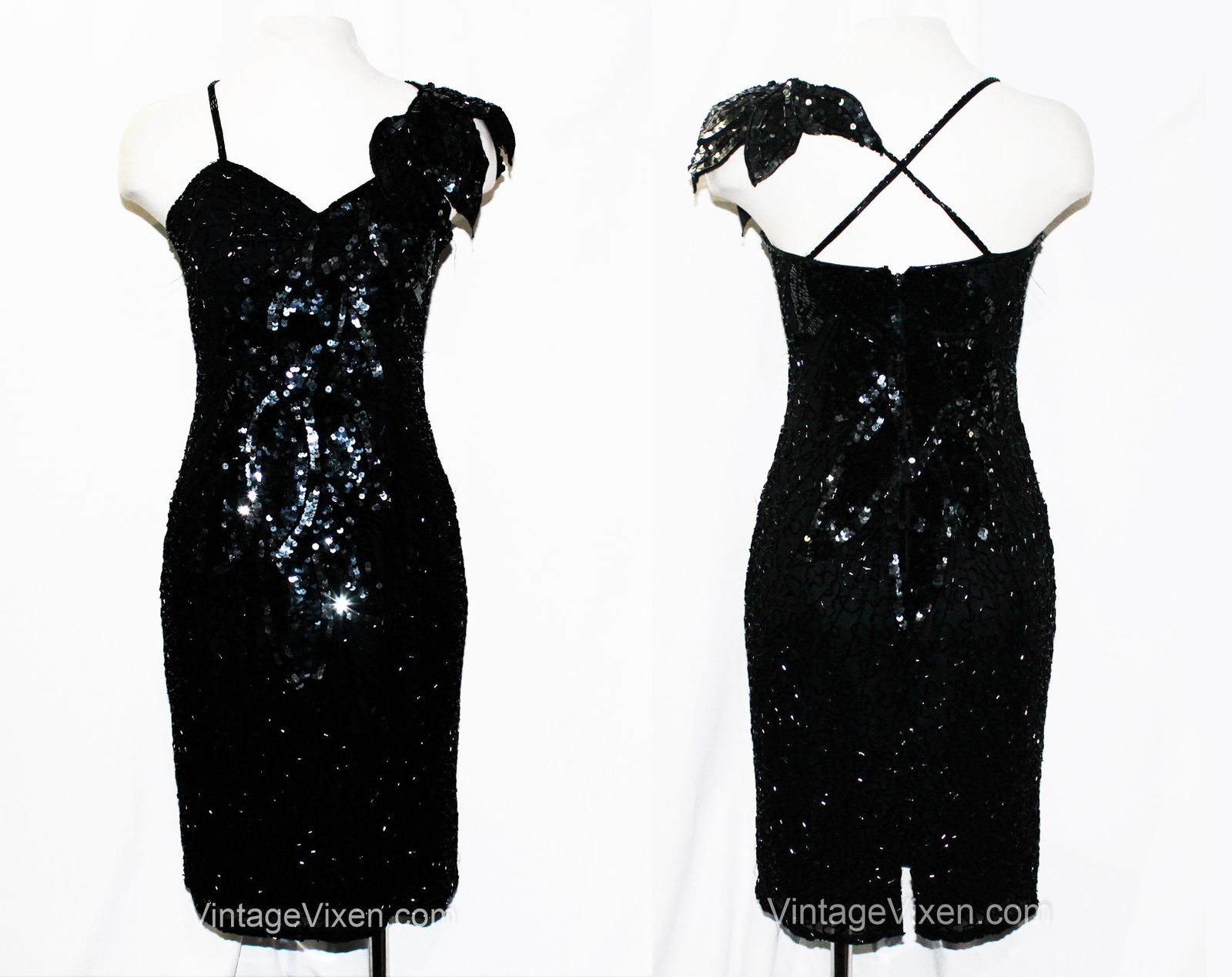 Sexy Black Party Dress – Small Glam Disco 80s Beads & Sequins Size 4 Asymmetric